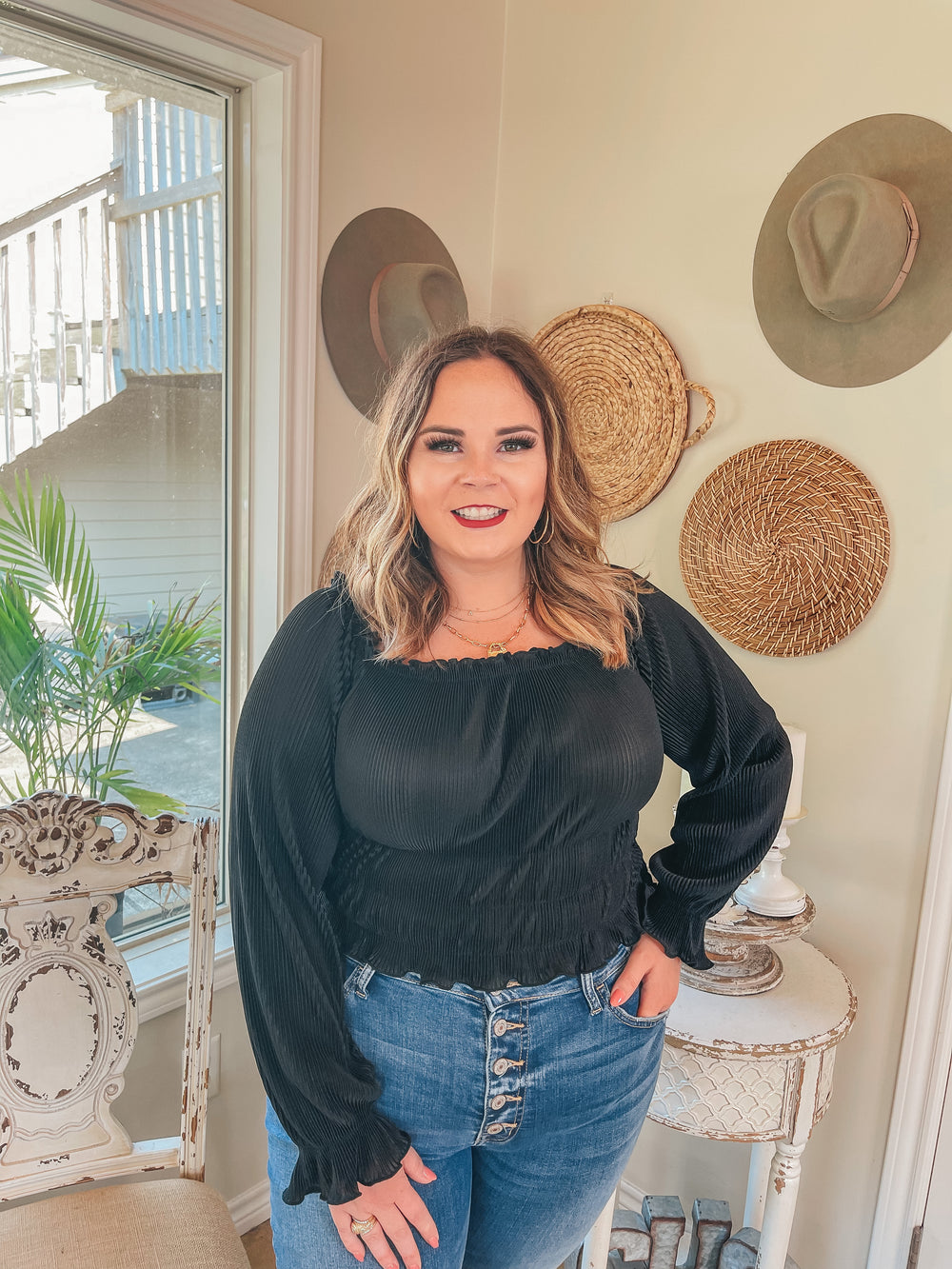 Into the Evening Satin Pleated Long Sleeve Crop Top in Black - Giddy Up Glamour Boutique