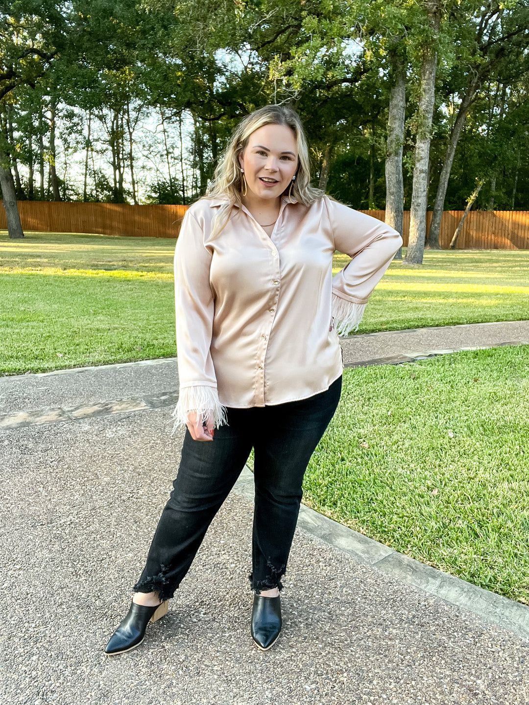 Take a Chance Satin Button Up Top with Feather Trim Long Sleeves in Champagne - Giddy Up Glamour Boutique