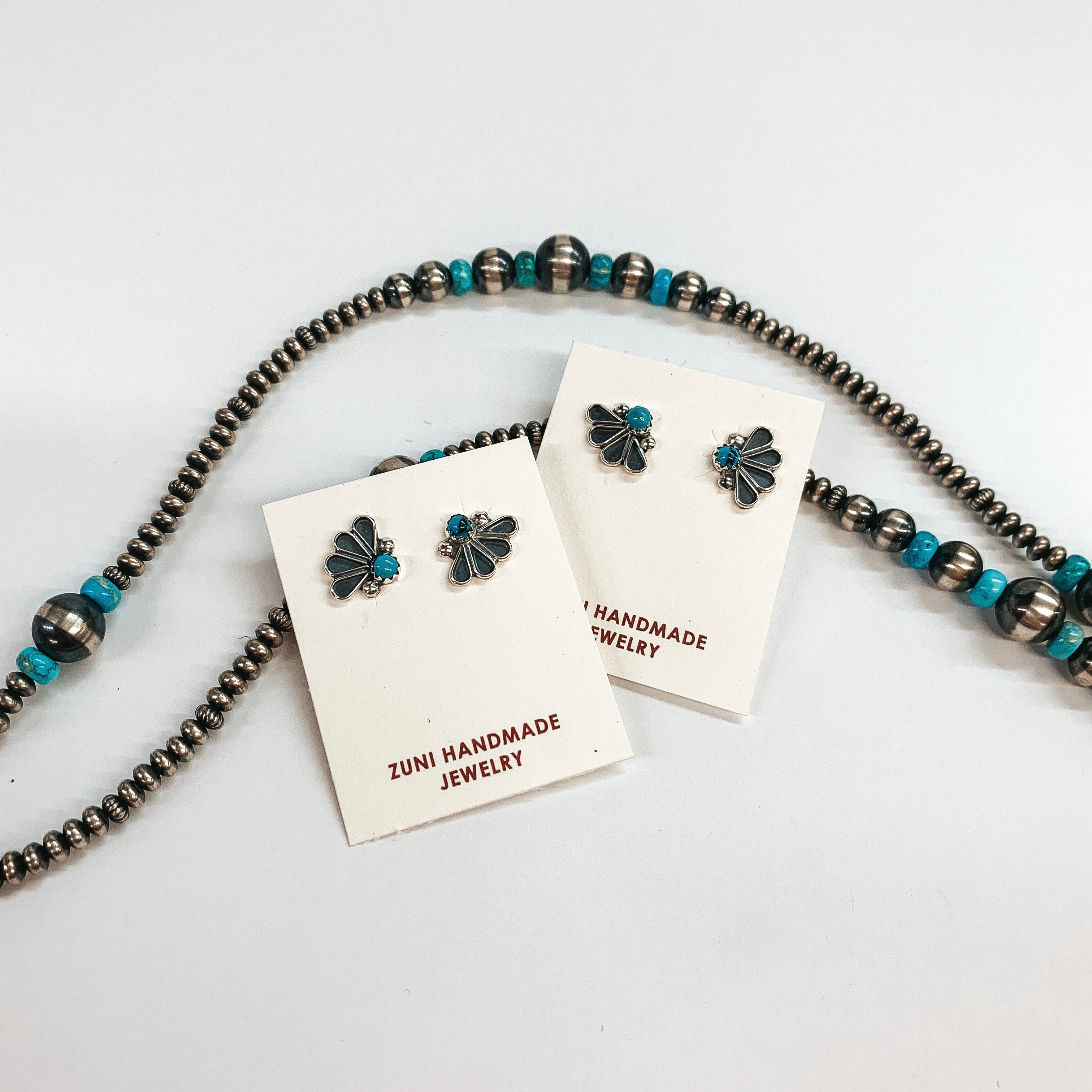 Zuni | Zuni Handmade Genuine Sterling Silver Fan Earrings with small Turquoise Stone - Giddy Up Glamour Boutique