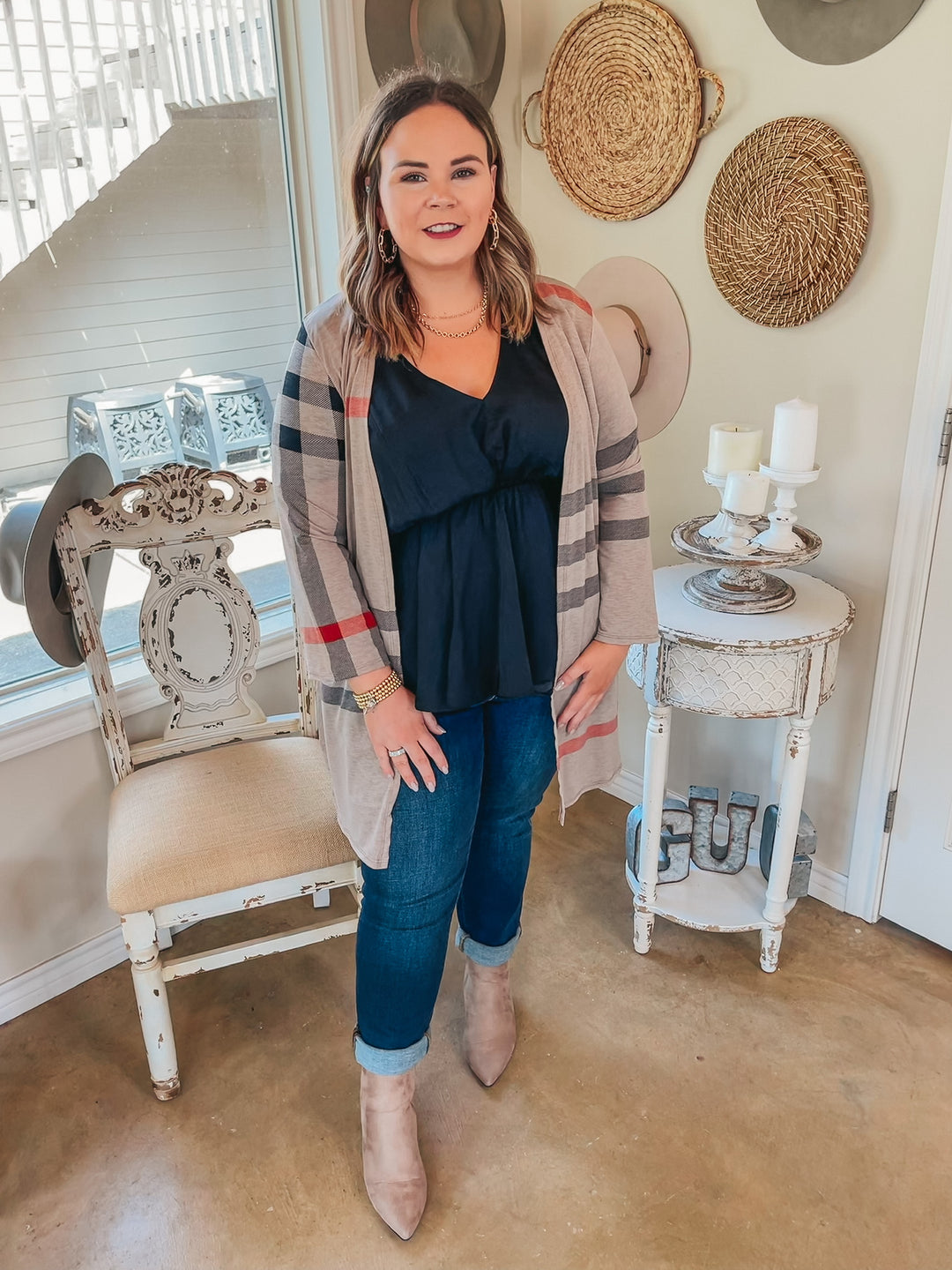 Last Chance Size S, M, & 3XL | All Eyes On You Plaid Cardigan in Taupe - Giddy Up Glamour Boutique