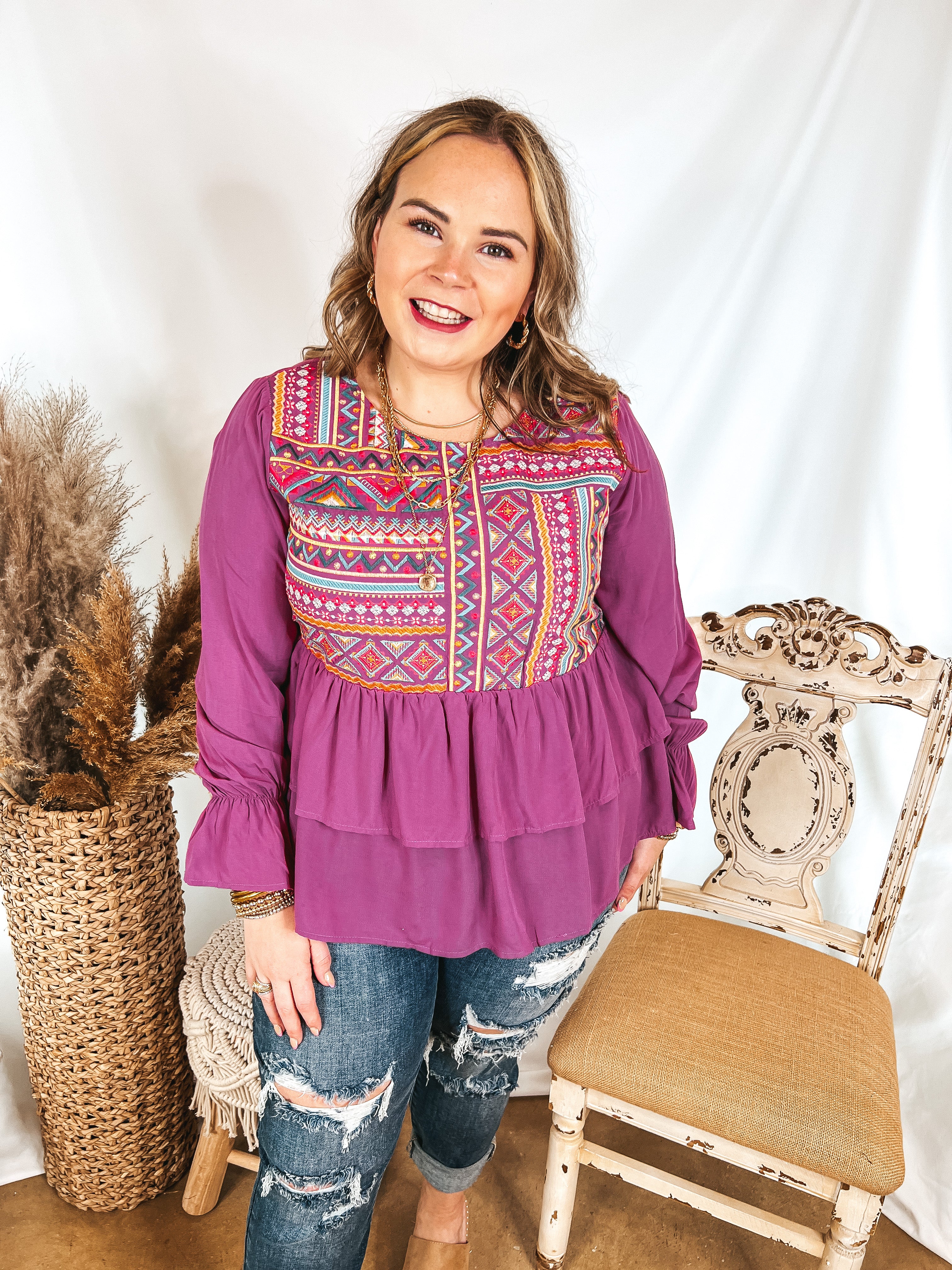 Rhythm Of The Season Embroidered Long Sleeve Top in Magenta - Giddy Up Glamour Boutique