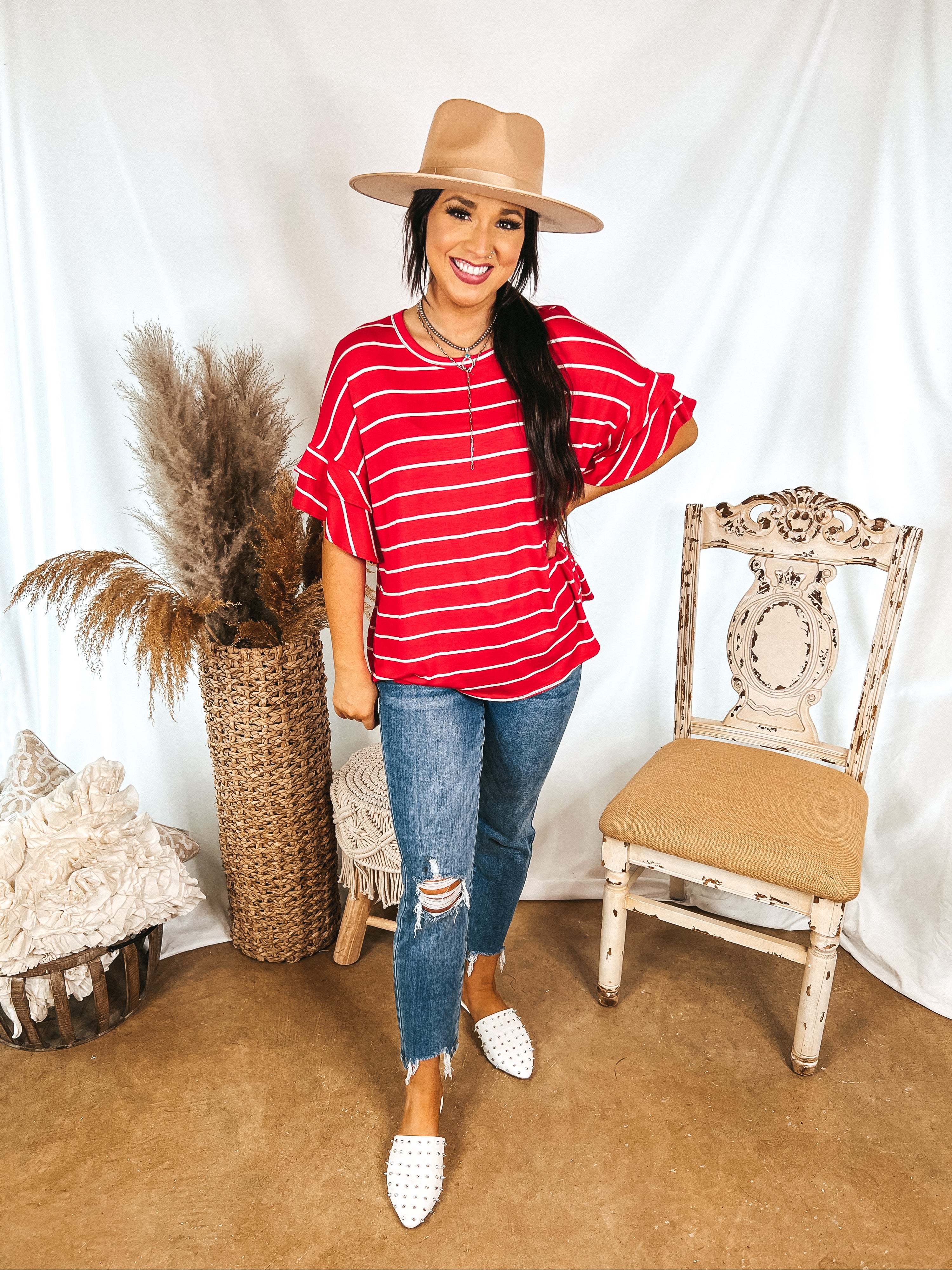 Set The Standard Striped Top with Short Ruffle Sleeves in Red - Giddy Up Glamour Boutique