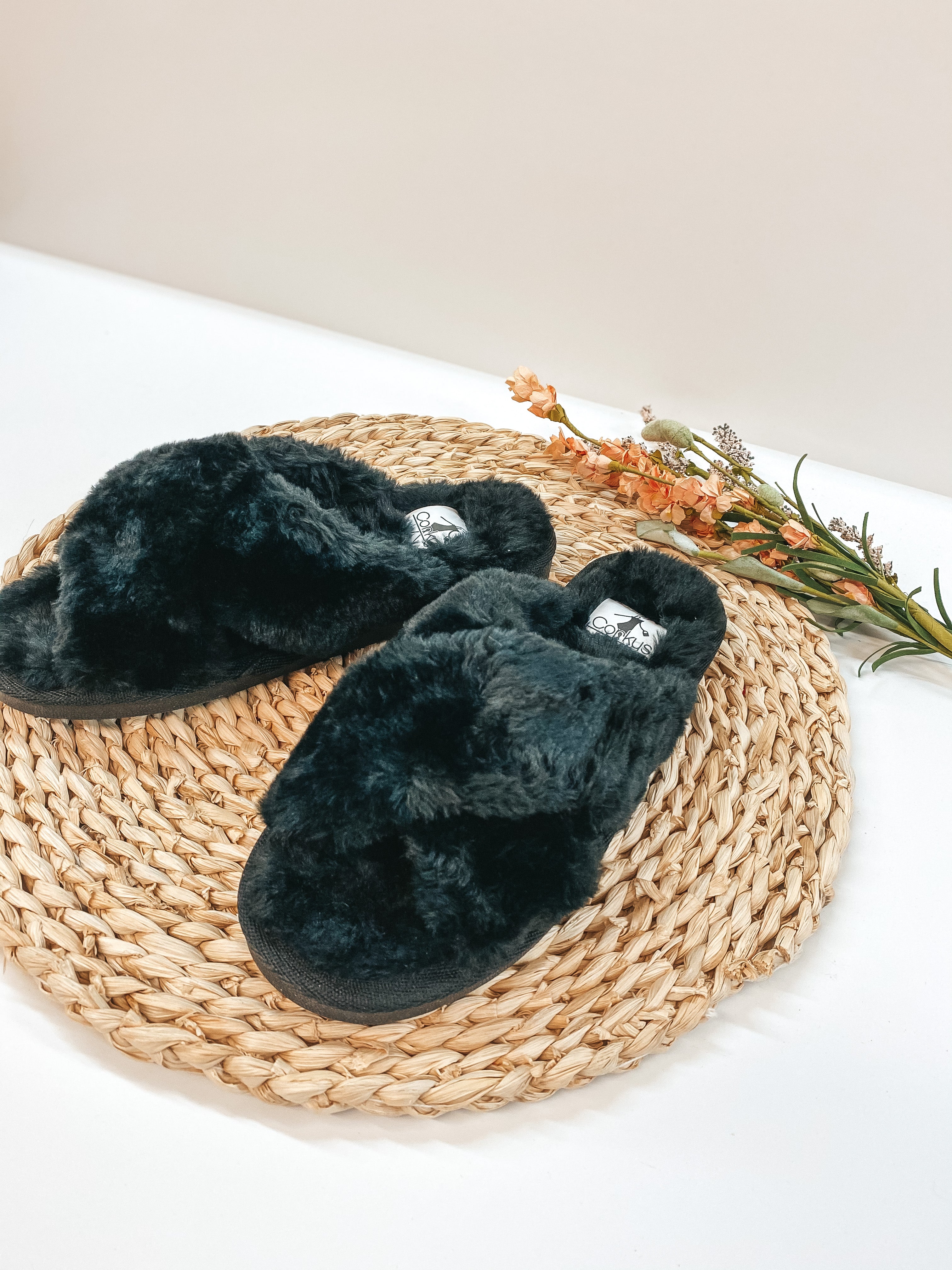 Corky's | Slumber Criss Cross Slide On Furry Slippers in Black - Giddy Up Glamour Boutique