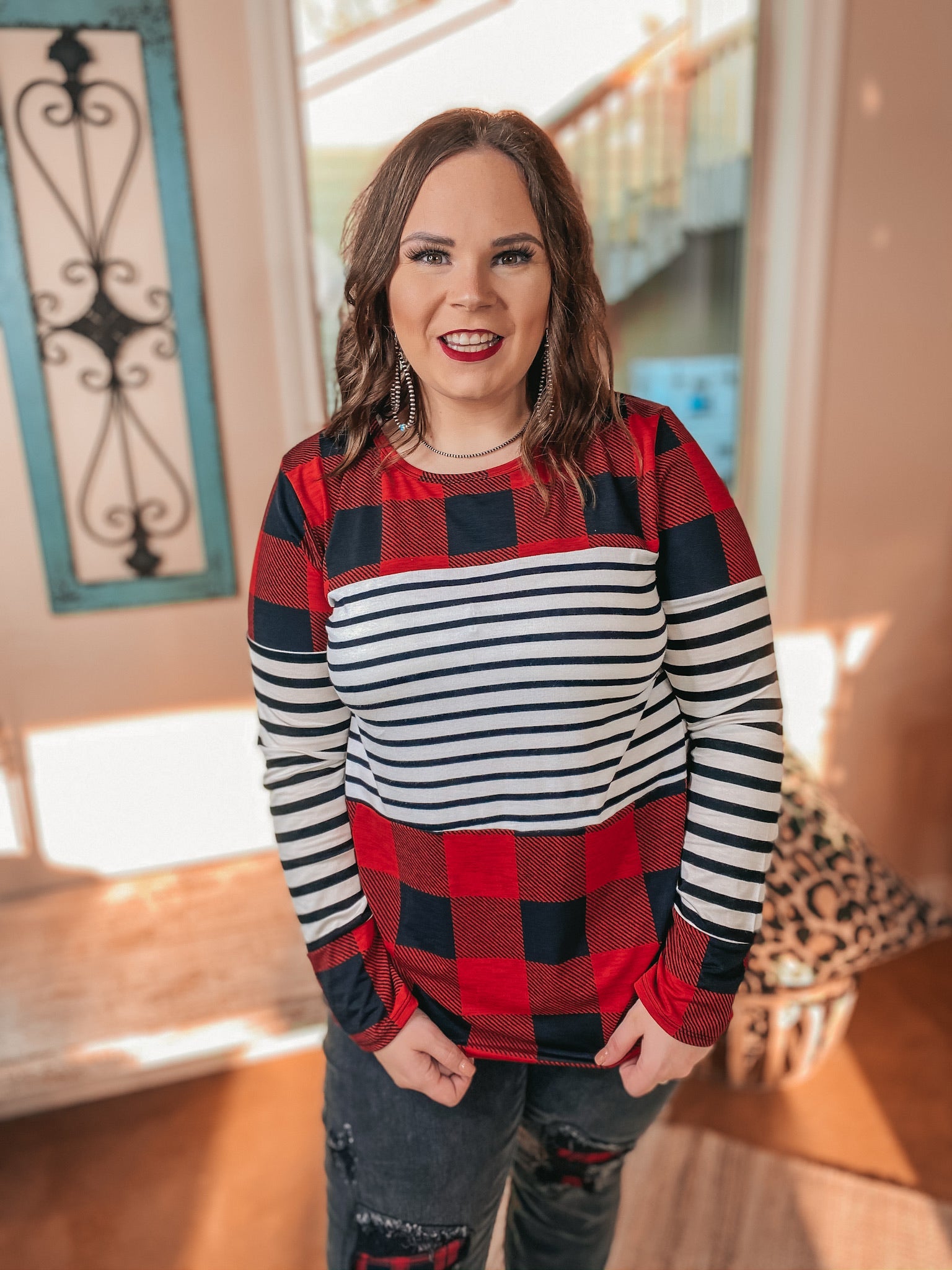 Online Exclusive | Cozy Cabin Vibes Buffalo Plaid and Striped Print Block Top in Red, Ivory, and Black - Giddy Up Glamour Boutique