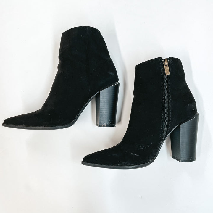 Model Shoes Size 9 | Walking By Side Zip Heeled Booties with Pointed Toe in Black - Giddy Up Glamour Boutique
