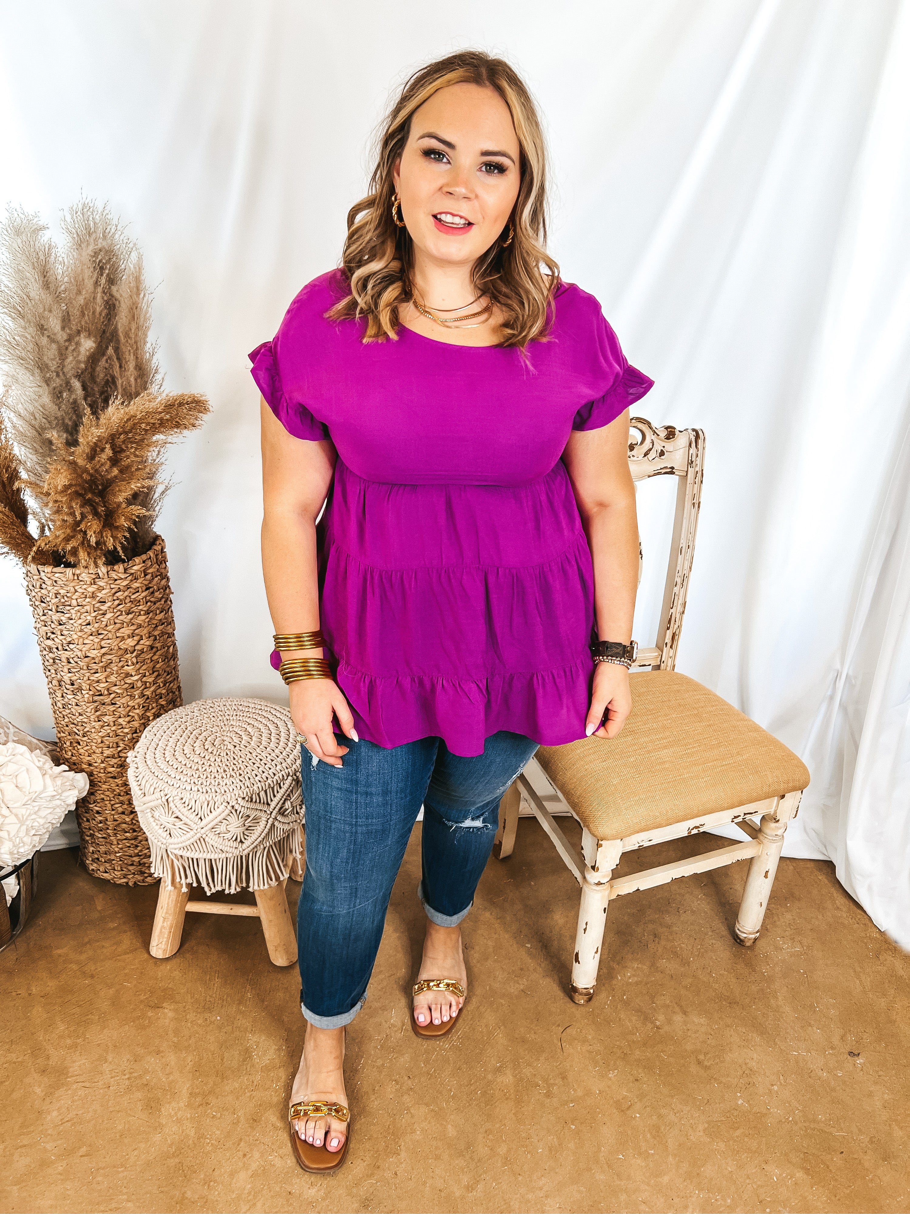 Belong To You Tiered Top with Ruffle Cap Sleeves in Magenta - Giddy Up Glamour Boutique
