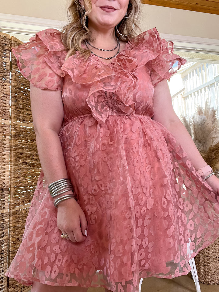 Welcome To Hollywood Sheer Leopard Print Dress with Ruffle Detail in Blush Pink - Giddy Up Glamour Boutique