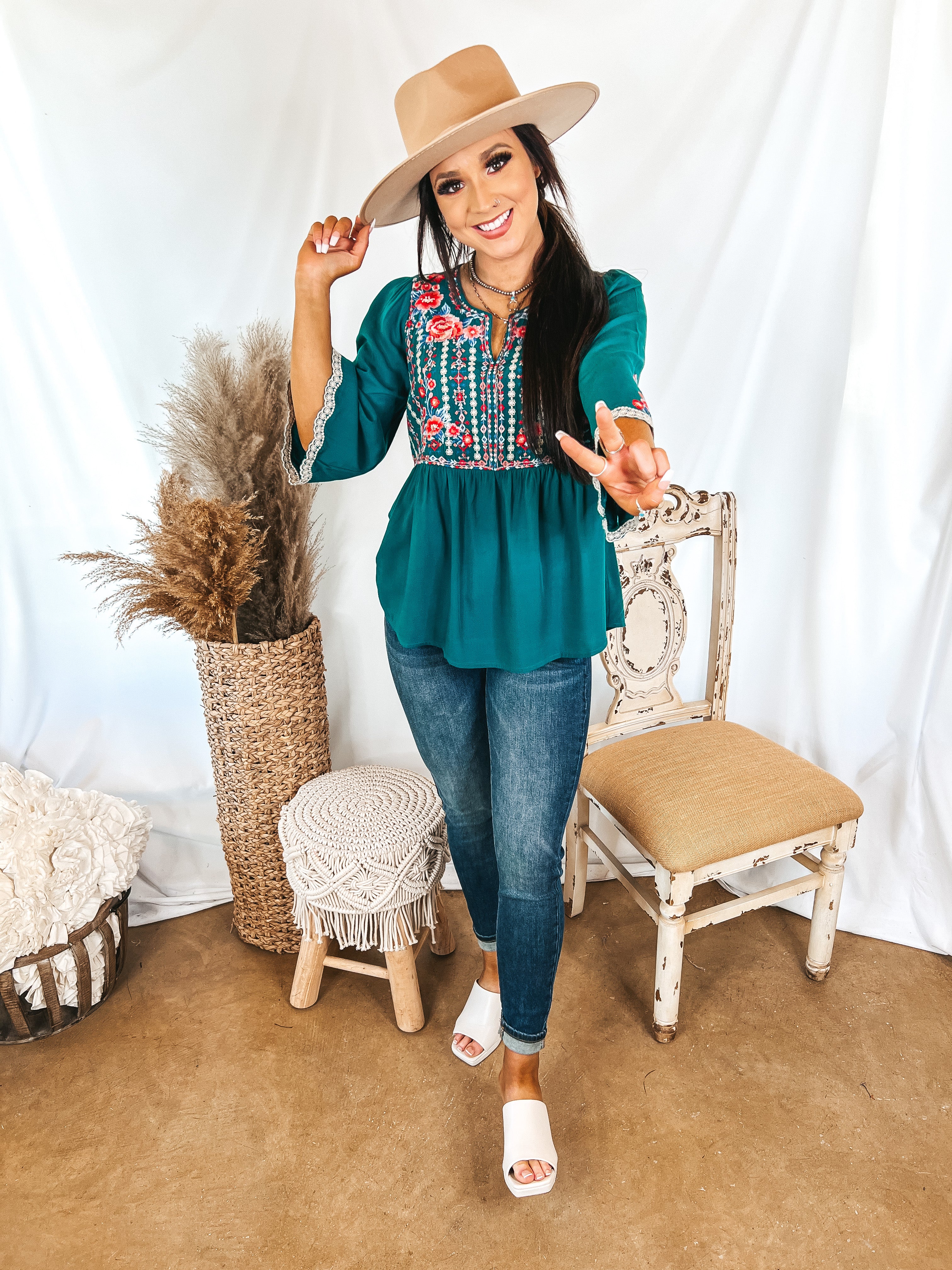 Already Mine 3/4 Bell Sleeve Embroidered Babydoll Top in Teal - Giddy Up Glamour Boutique