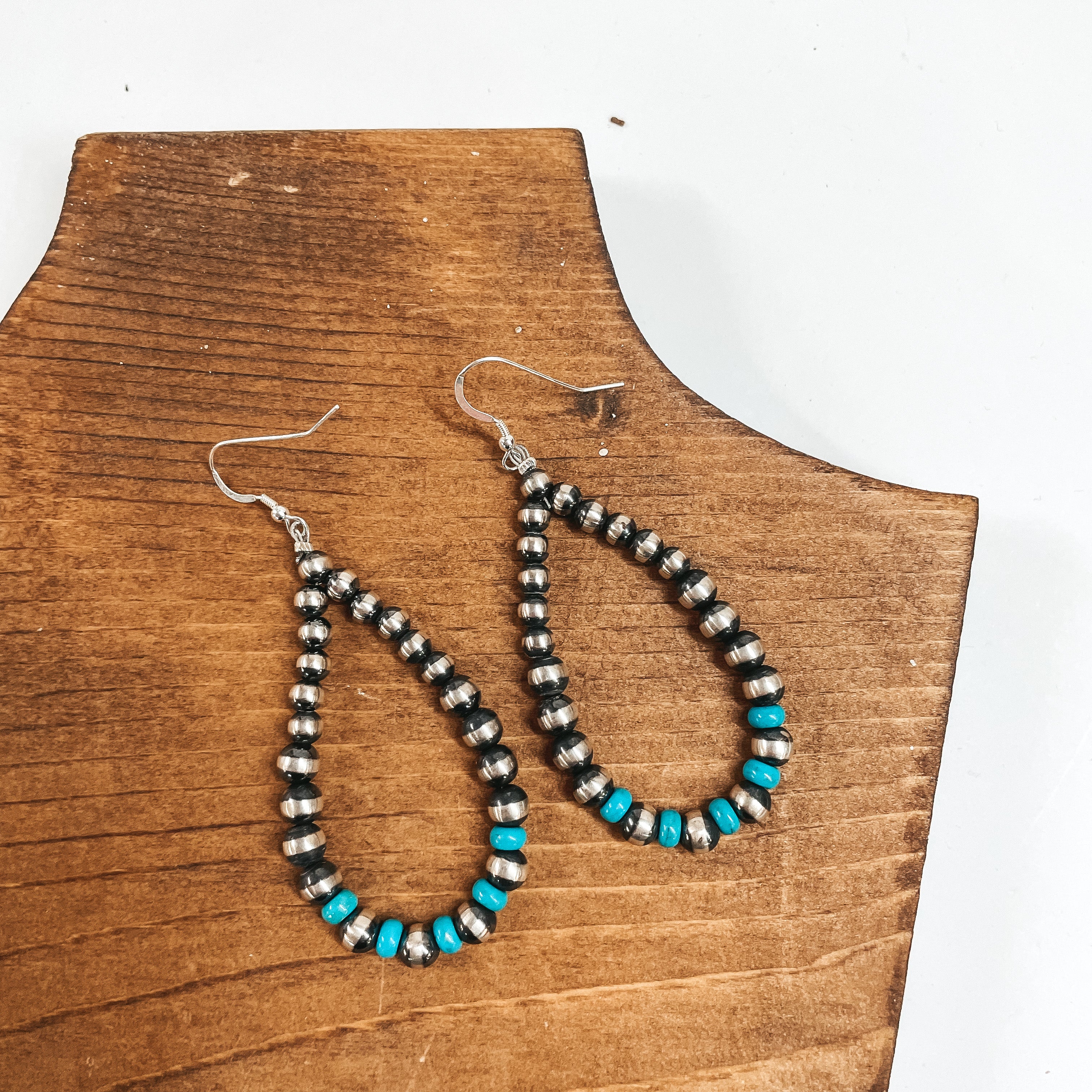 Navajo | Navajo Handmade Sterling Silver Navajo Pearl with Turquoise Spacers Teardrop Earrings - Giddy Up Glamour Boutique