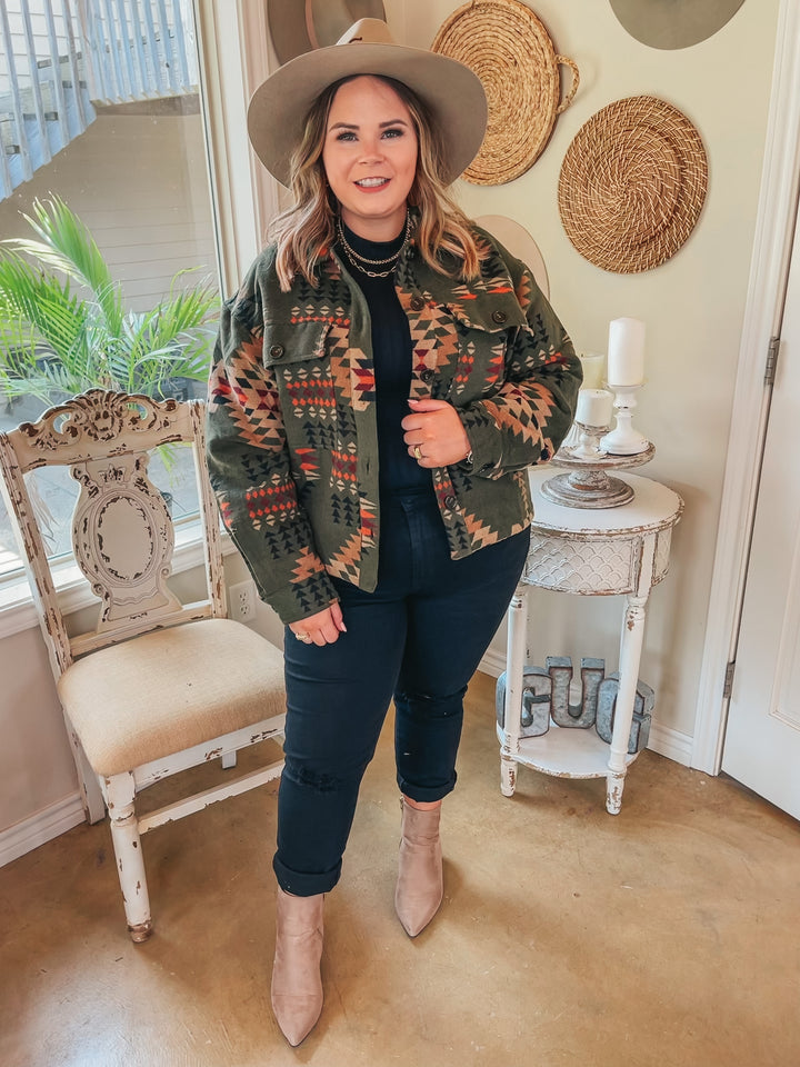 S'mores Weather Aztec Print Button Up Jacket in Olive Green - Giddy Up Glamour Boutique