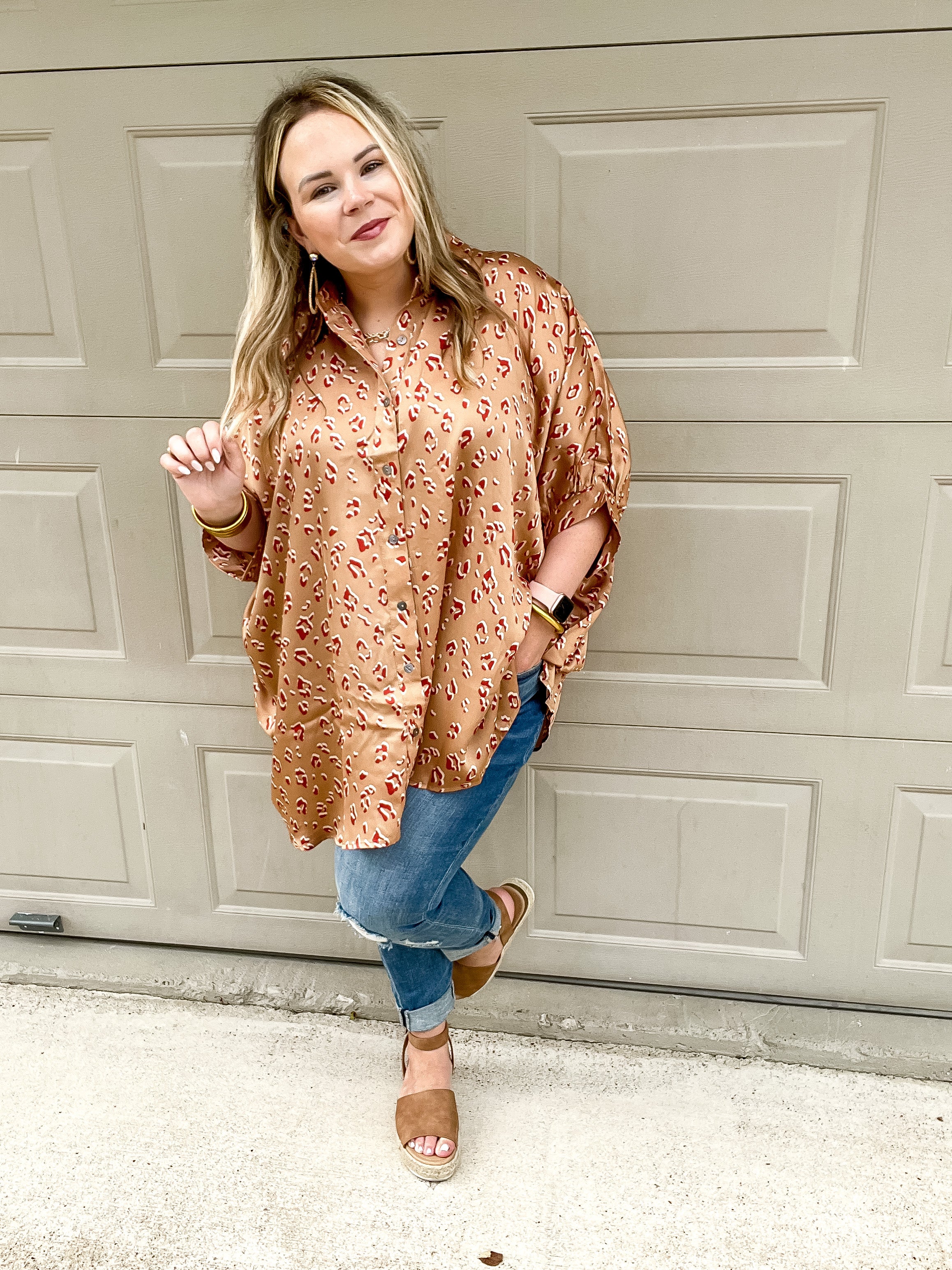 City Lifestyle Leopard Print Button Up Half Sleeve Poncho Top in Tan - Giddy Up Glamour Boutique