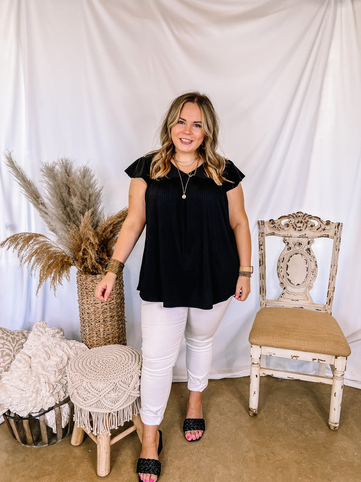 No Bad Days Ribbed Ruffle Cap Sleeve Babydoll Top in Black - Giddy Up Glamour Boutique