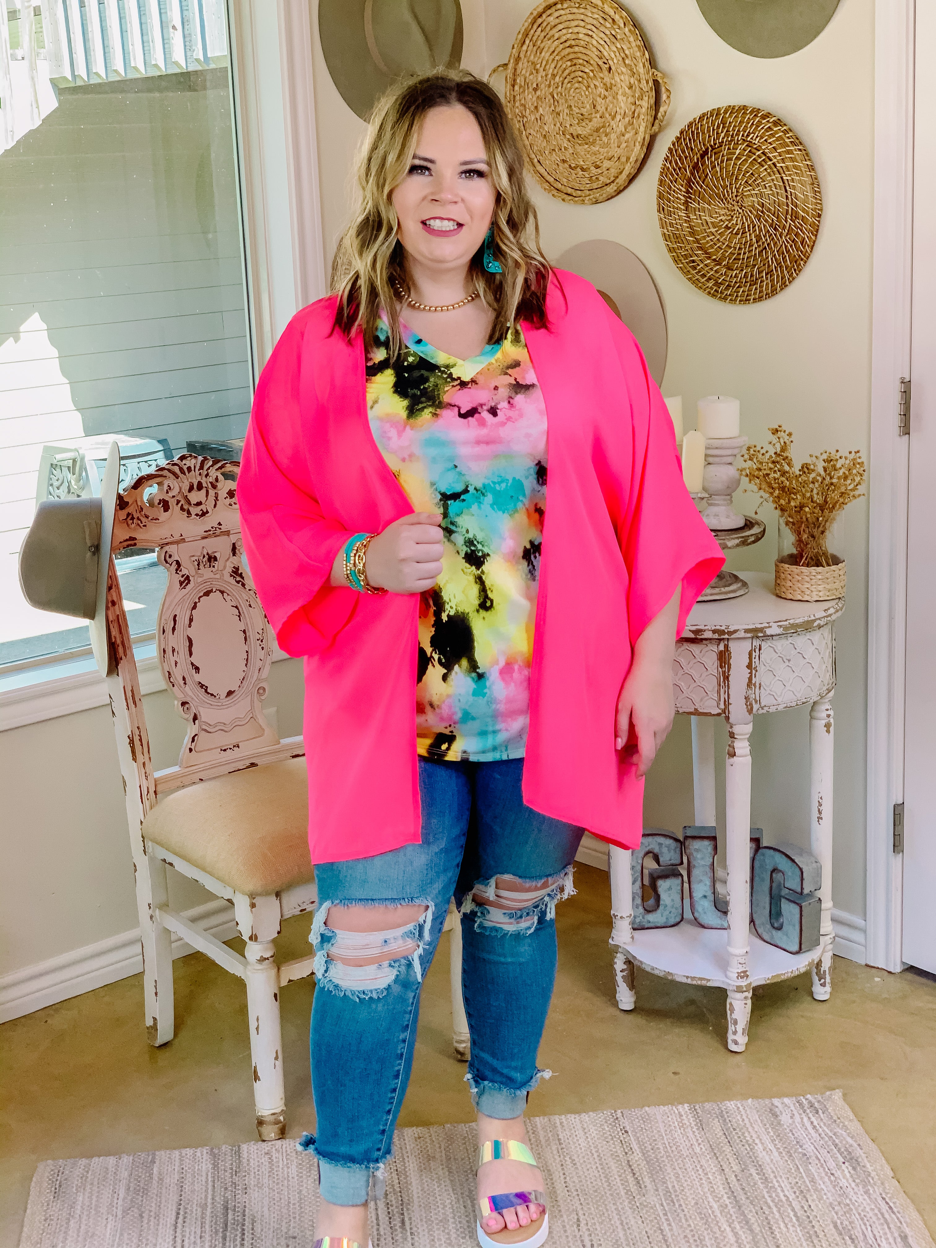 Like a Melody Solid Sheer Kimono in Neon Pink - Giddy Up Glamour Boutique