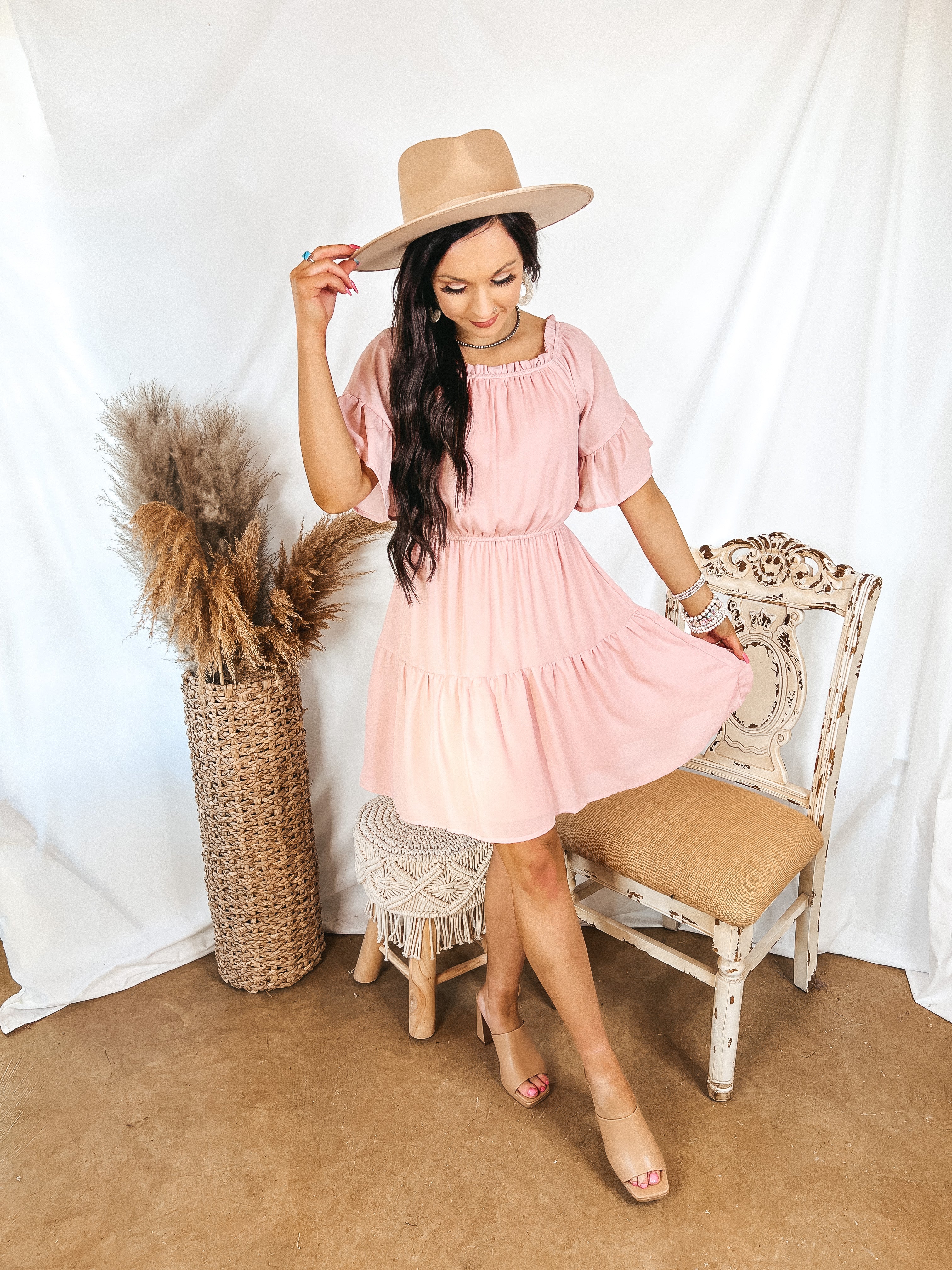 Visions of Romance Off the Shoulder Ruffle Tiered Dress in Dusty Pink - Giddy Up Glamour Boutique
