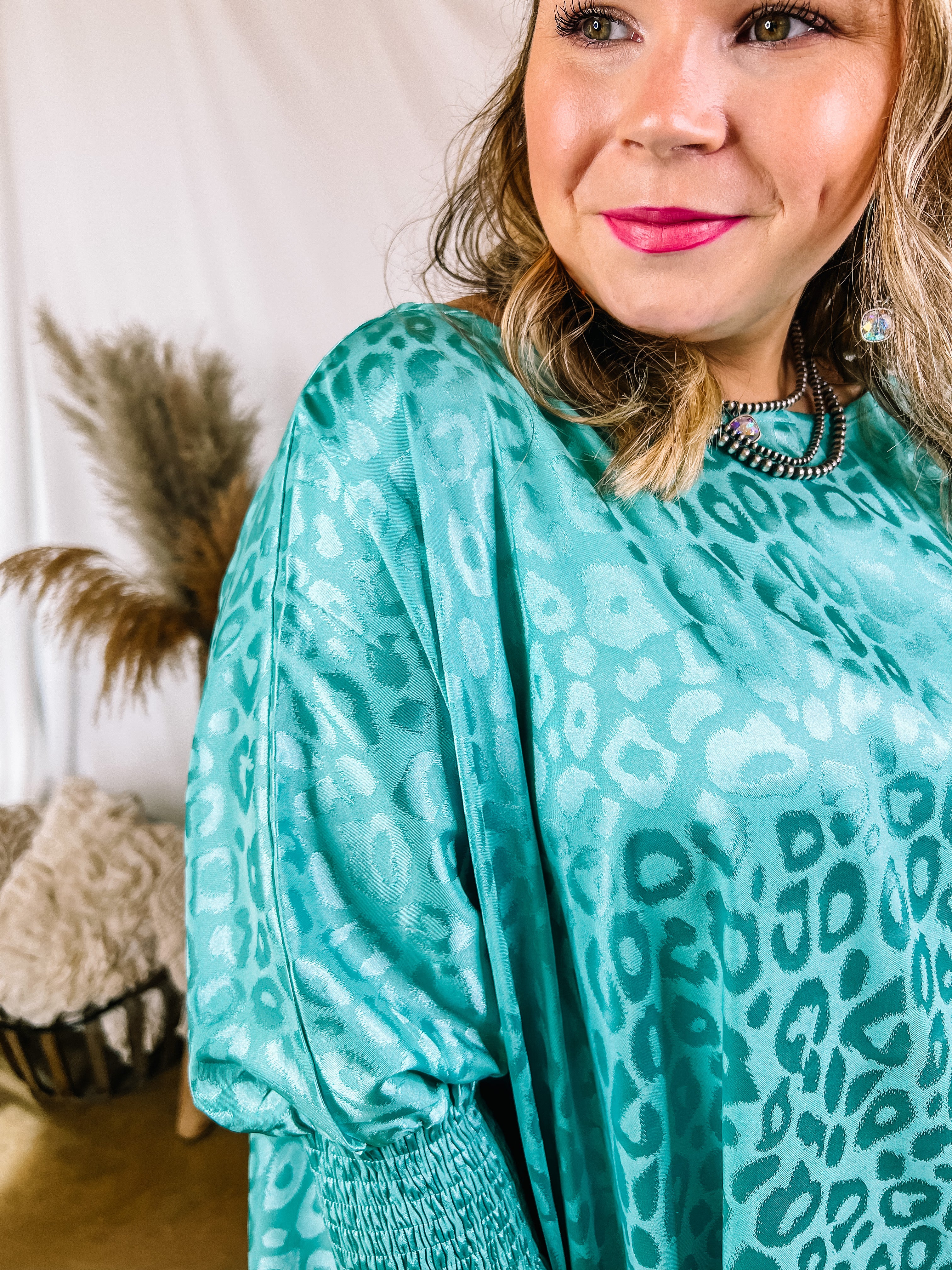 Growing and Glowing Smocked 3/4 Sleeve Oversized Satin Leopard Print Blouse in Turquoise - Giddy Up Glamour Boutique
