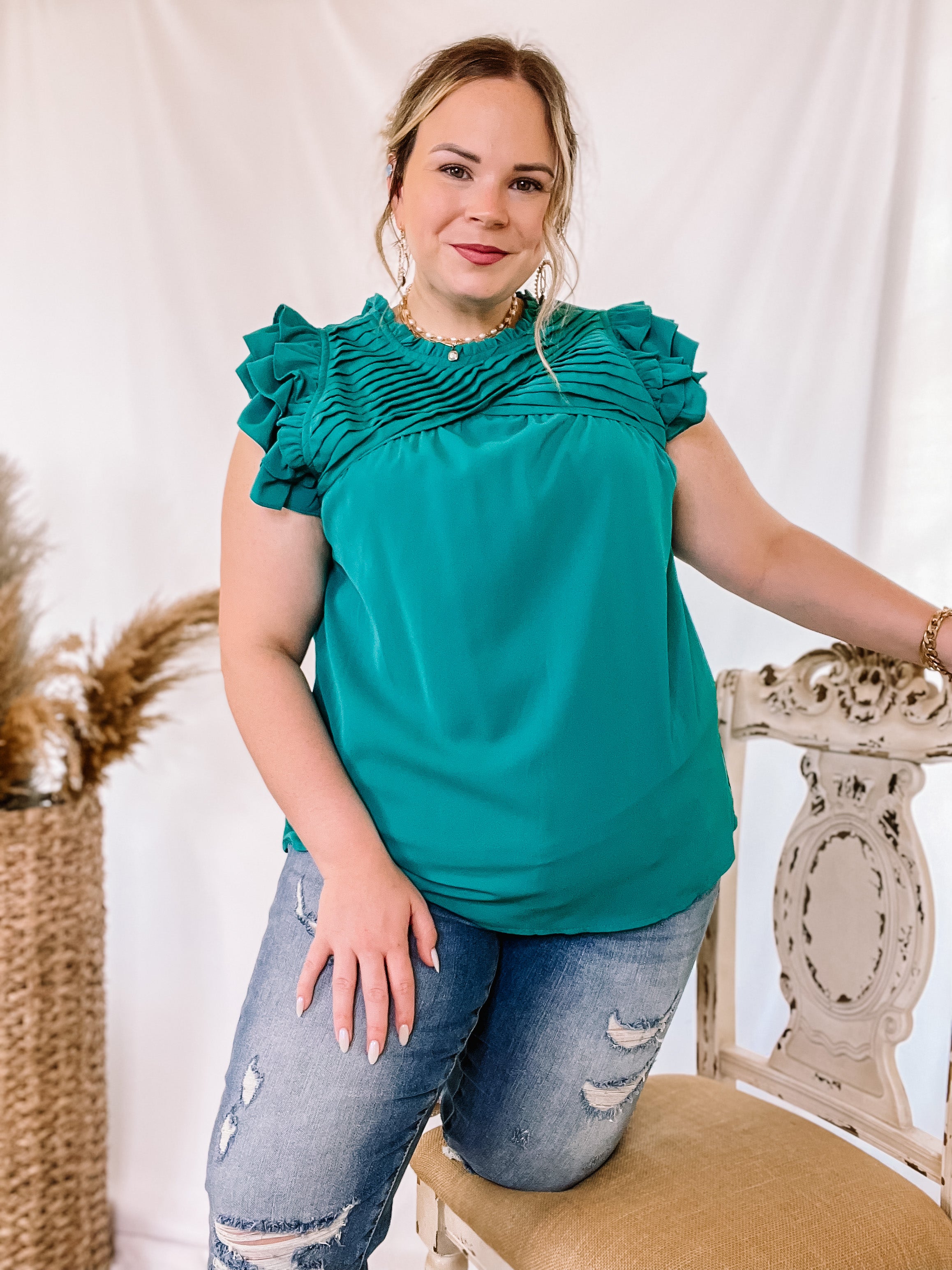 Expect The Best Pleated Upper Blouse with Ruffle Cap Sleeves in Teal Green - Giddy Up Glamour Boutique