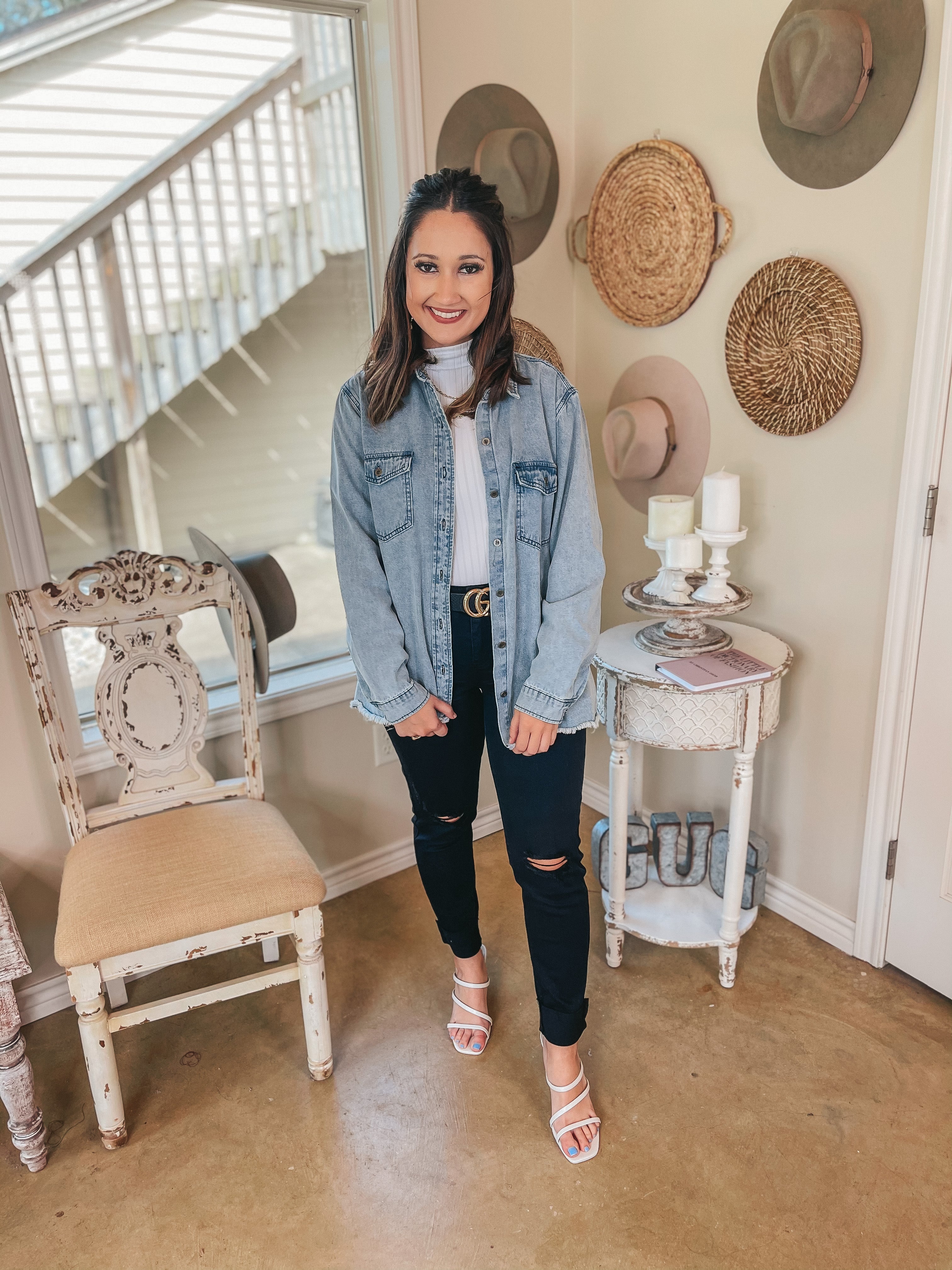 Shining in Style Button Up Denim Collared Shacket in Light Wash - Giddy Up Glamour Boutique