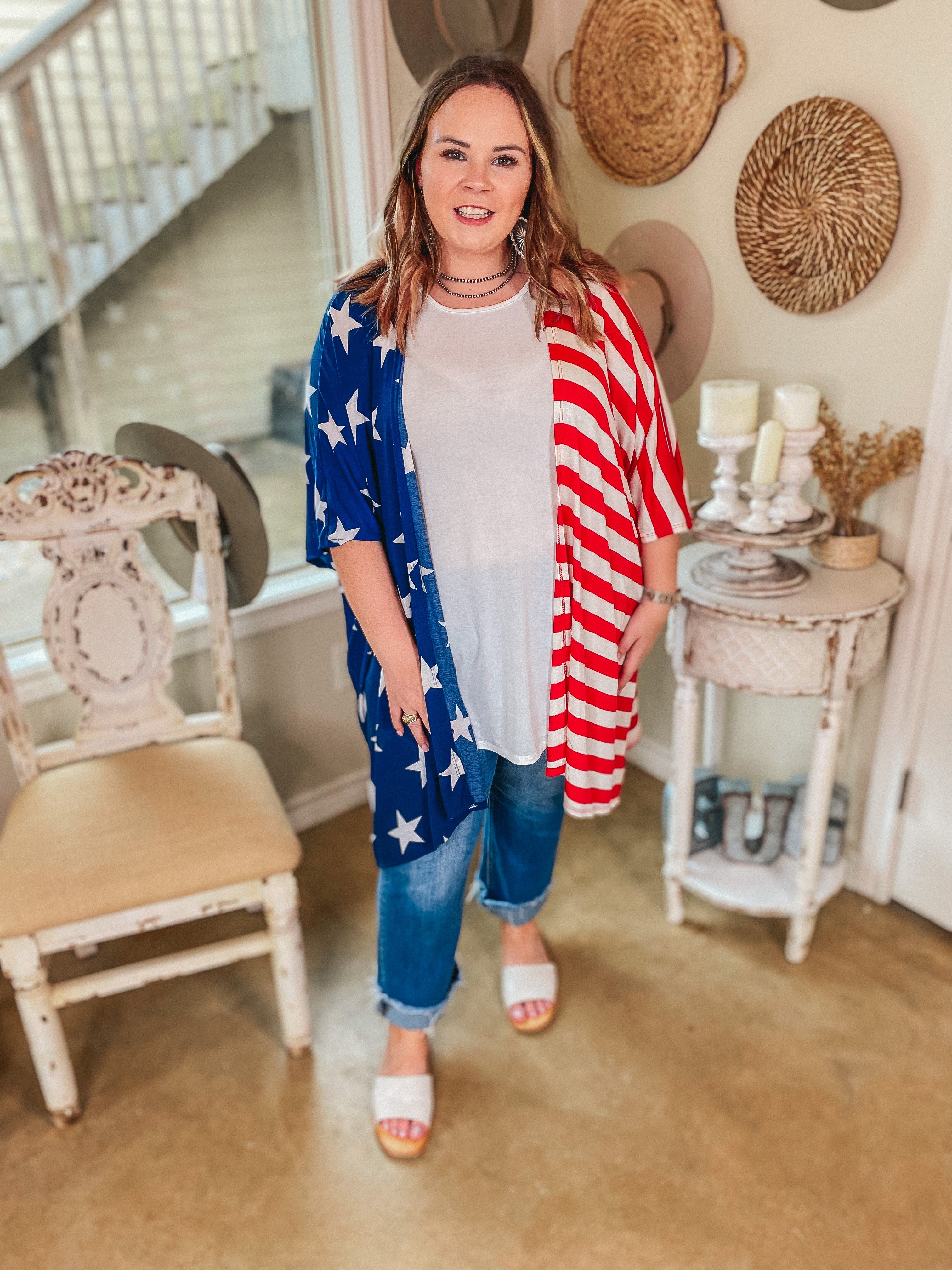 American Sweetheart Stars and Stripes Drop Sleeve Kimono in Red, White, and Blue - Giddy Up Glamour Boutique