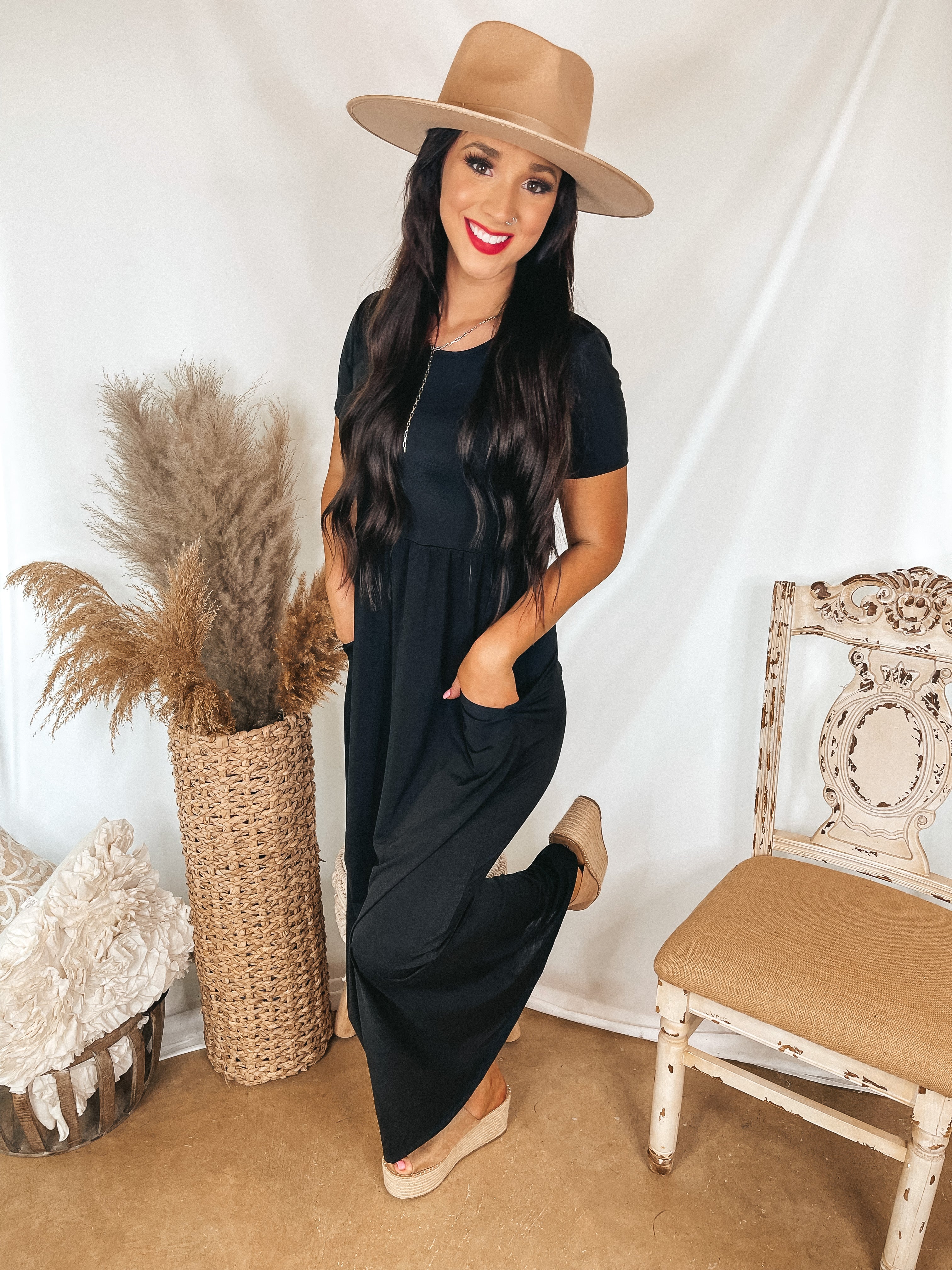 Just Landed Short Sleeve Babydoll Maxi Dress in Black - Giddy Up Glamour Boutique