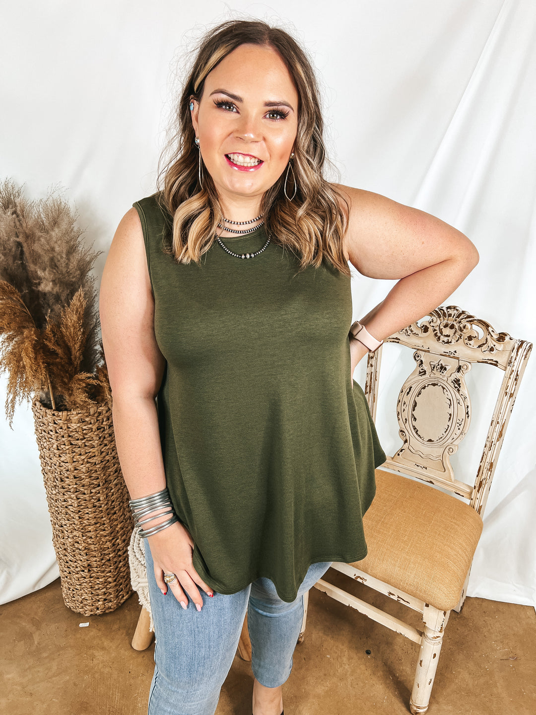 Give Me Joy Solid Knit A-Line Tank Top in Olive Green - Giddy Up Glamour Boutique