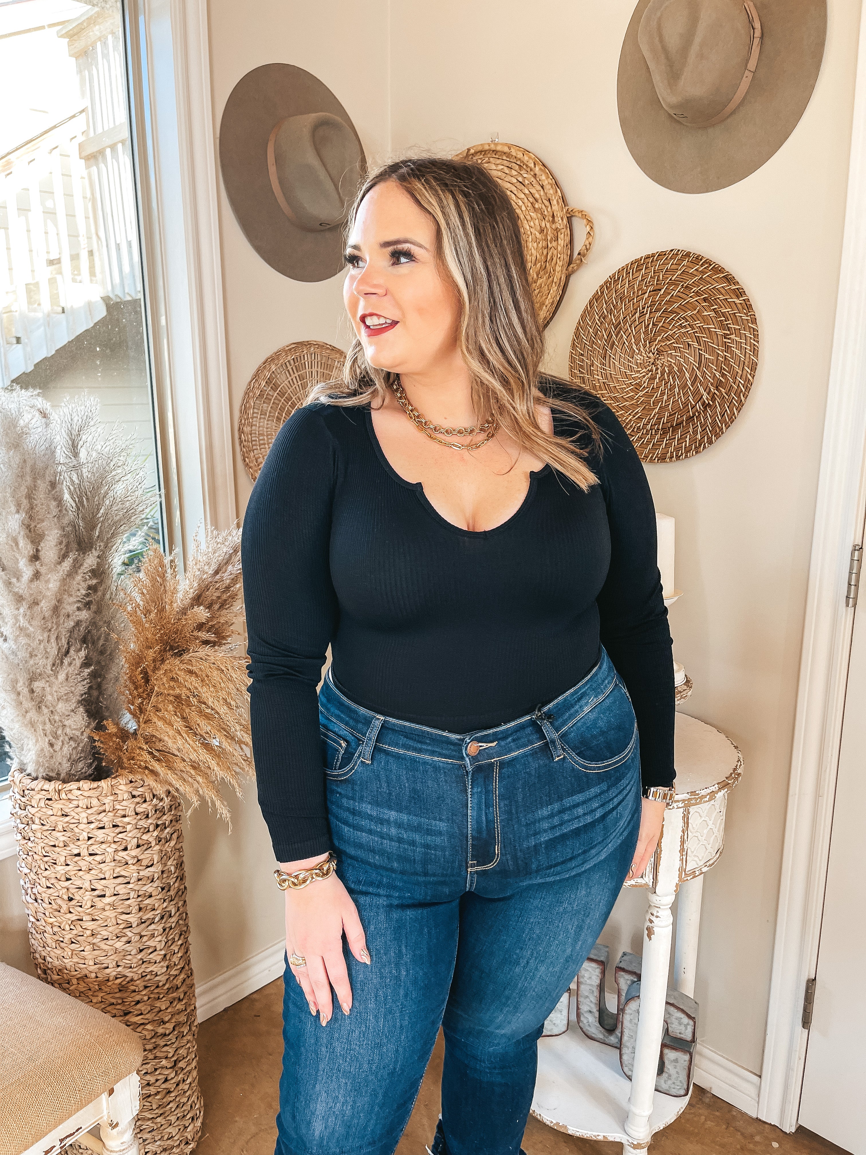 Dream Babe Notched Neckline Crop Long Sleeve Top in Black - Giddy Up Glamour Boutique