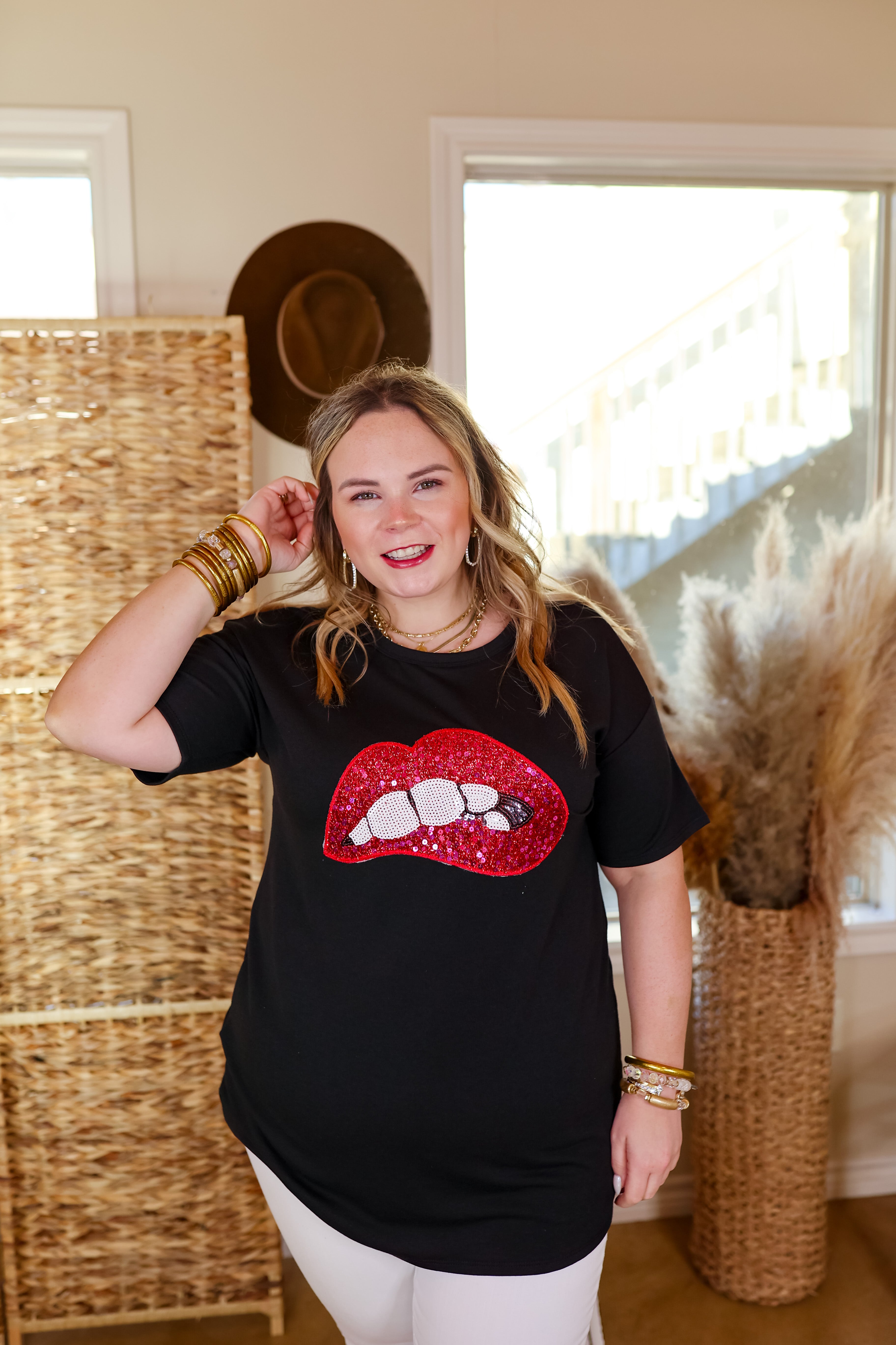 Rock All Night Sequin Mouth Graphic Tee in Black - Giddy Up Glamour Boutique