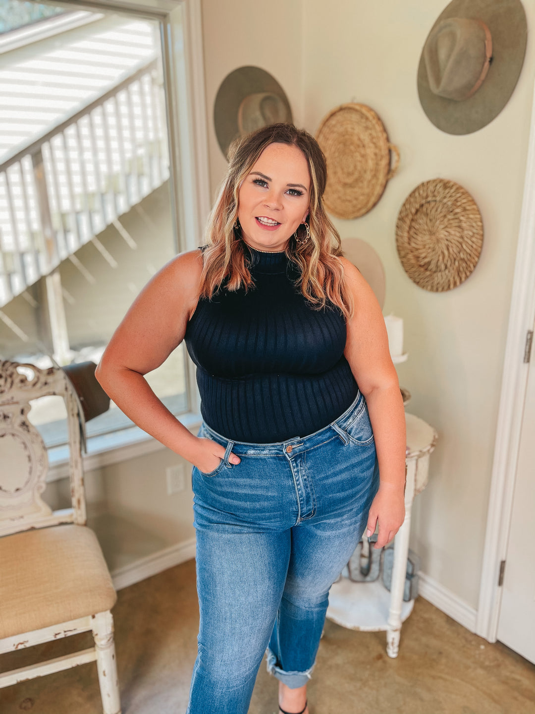 Take Me Somewhere High Neck Ribbed Tank Top in Black - Giddy Up Glamour Boutique