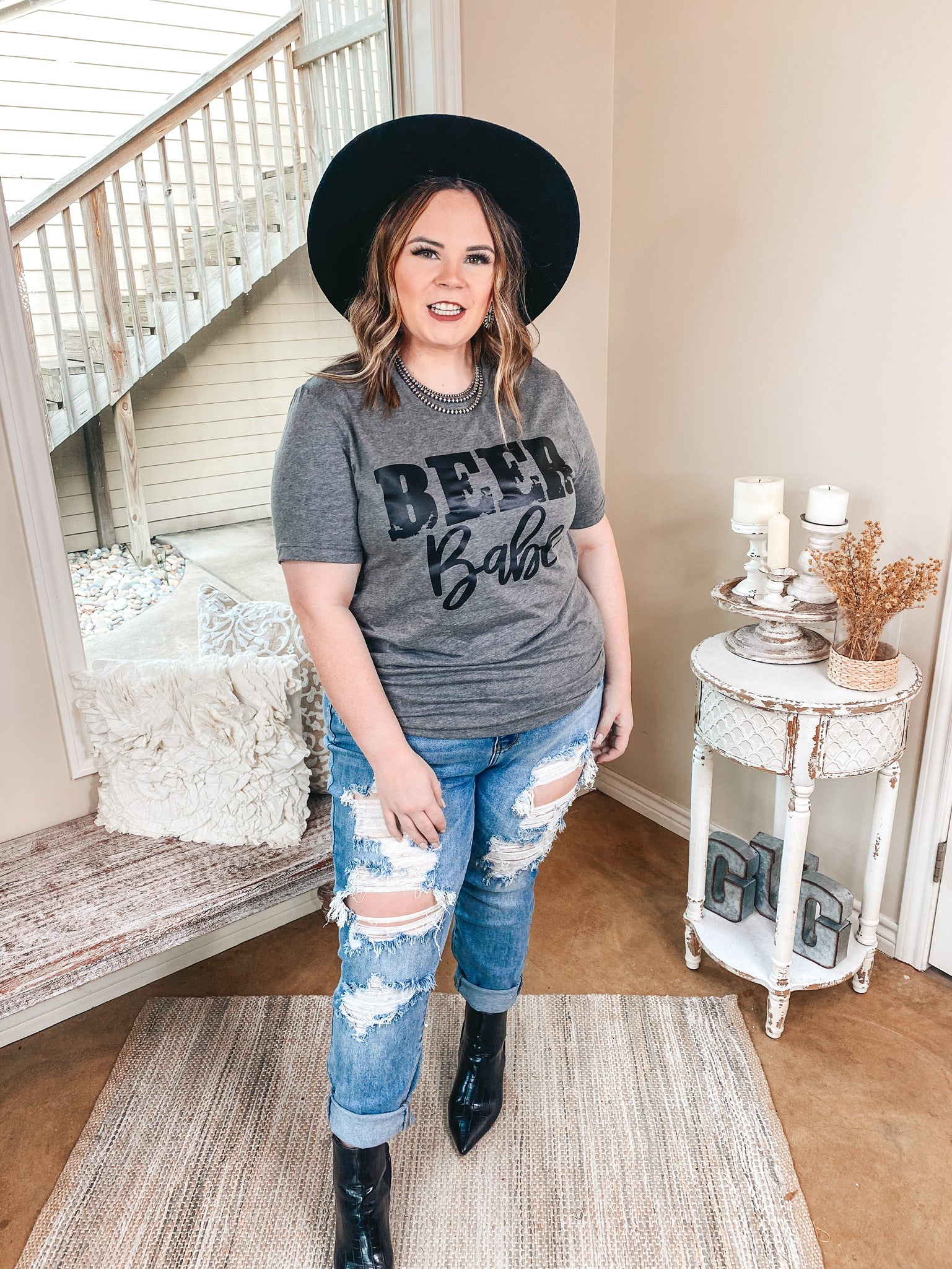 Beer Babe Short Sleeve Graphic Tee in Grey - Giddy Up Glamour Boutique