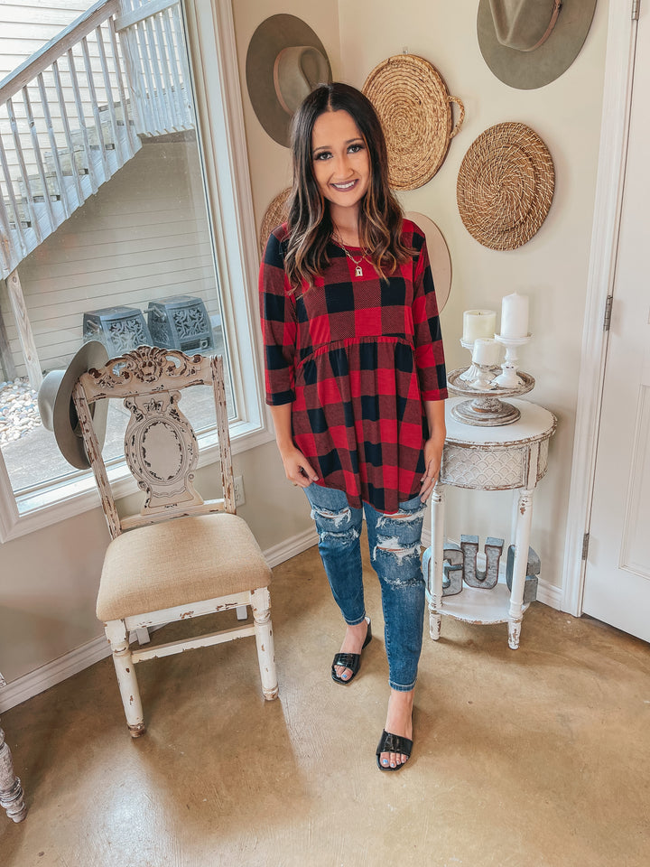 As You Wish Buffalo Plaid Baby Doll Top in Red - Giddy Up Glamour Boutique