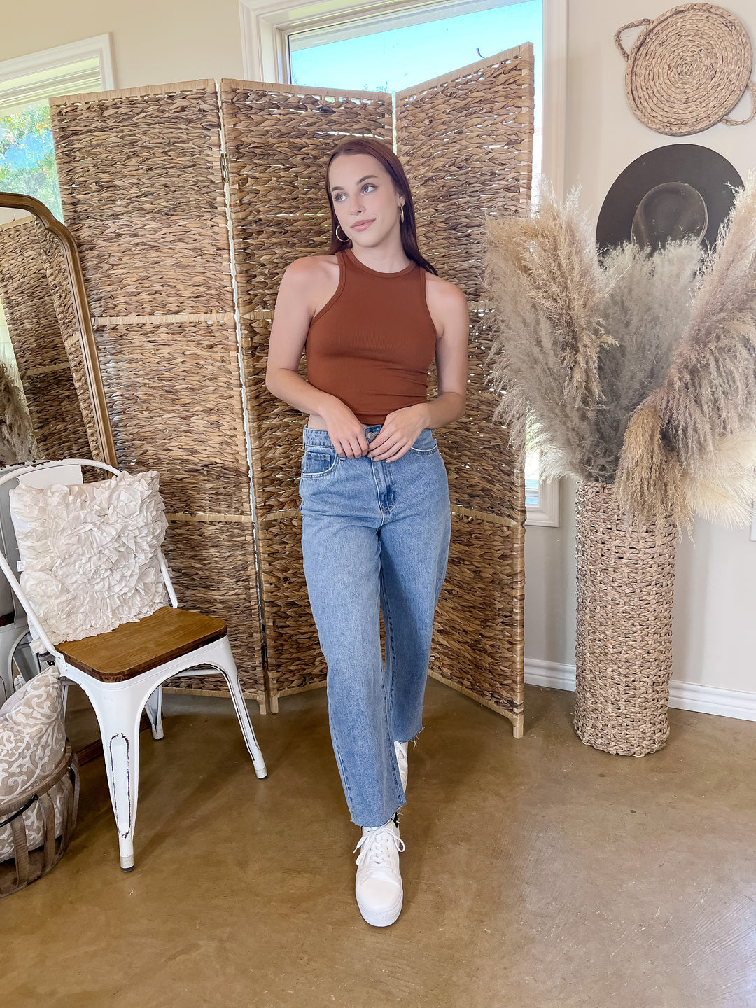 Staying In High Neck Ribbed Crop Tank Top with Scoop Hemline in Rust Orange - Giddy Up Glamour Boutique