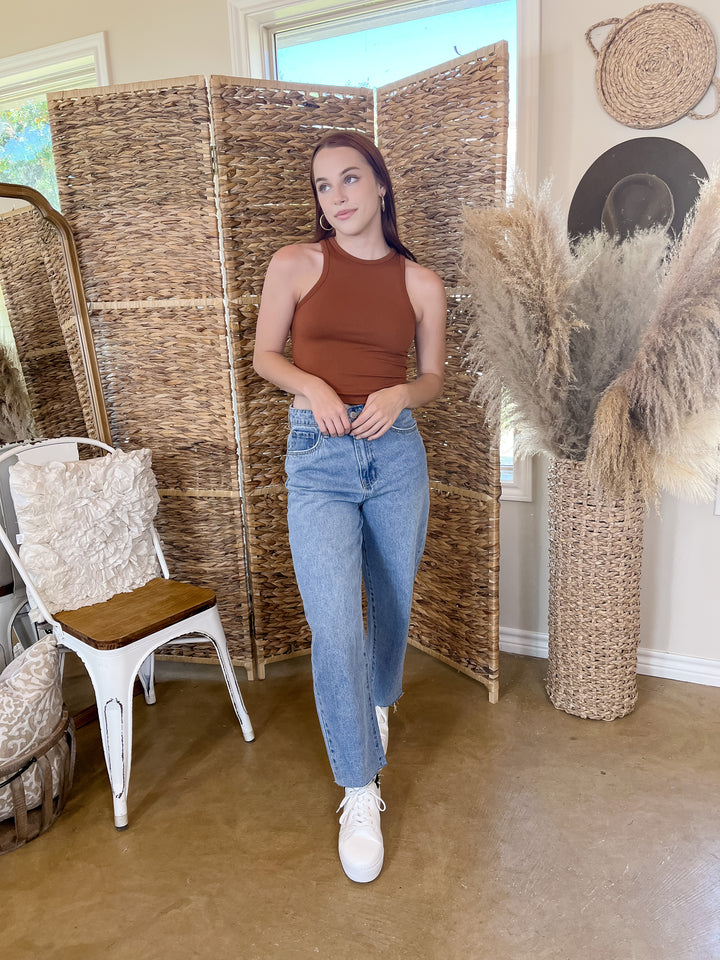 Staying In High Neck Ribbed Crop Tank Top with Scoop Hemline in Rust Orange - Giddy Up Glamour Boutique