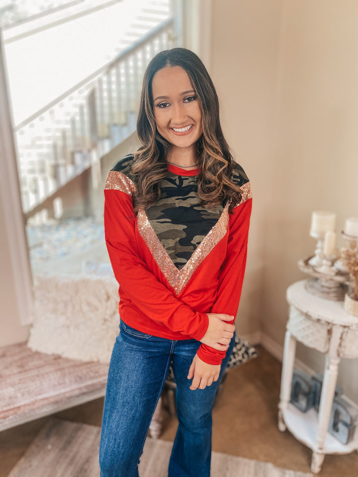 A Sparkly Mindset Camouflage and Sequin Color Block Top in Red - Giddy Up Glamour Boutique