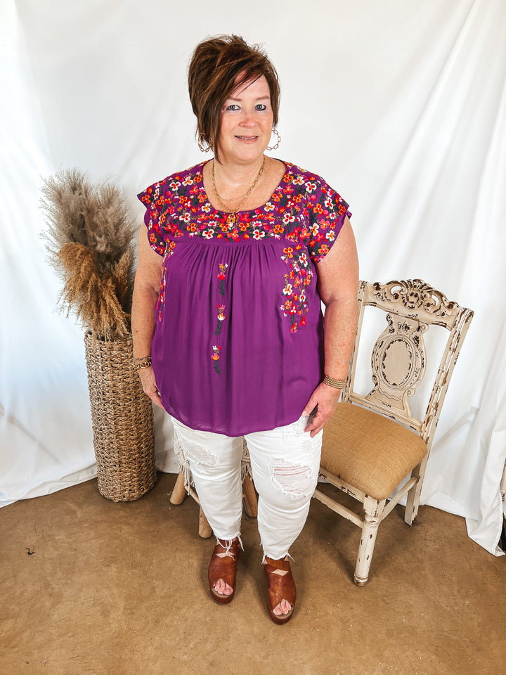 Lajitas Lady Floral Embroidered Babydoll Top in Purple - Giddy Up Glamour Boutique