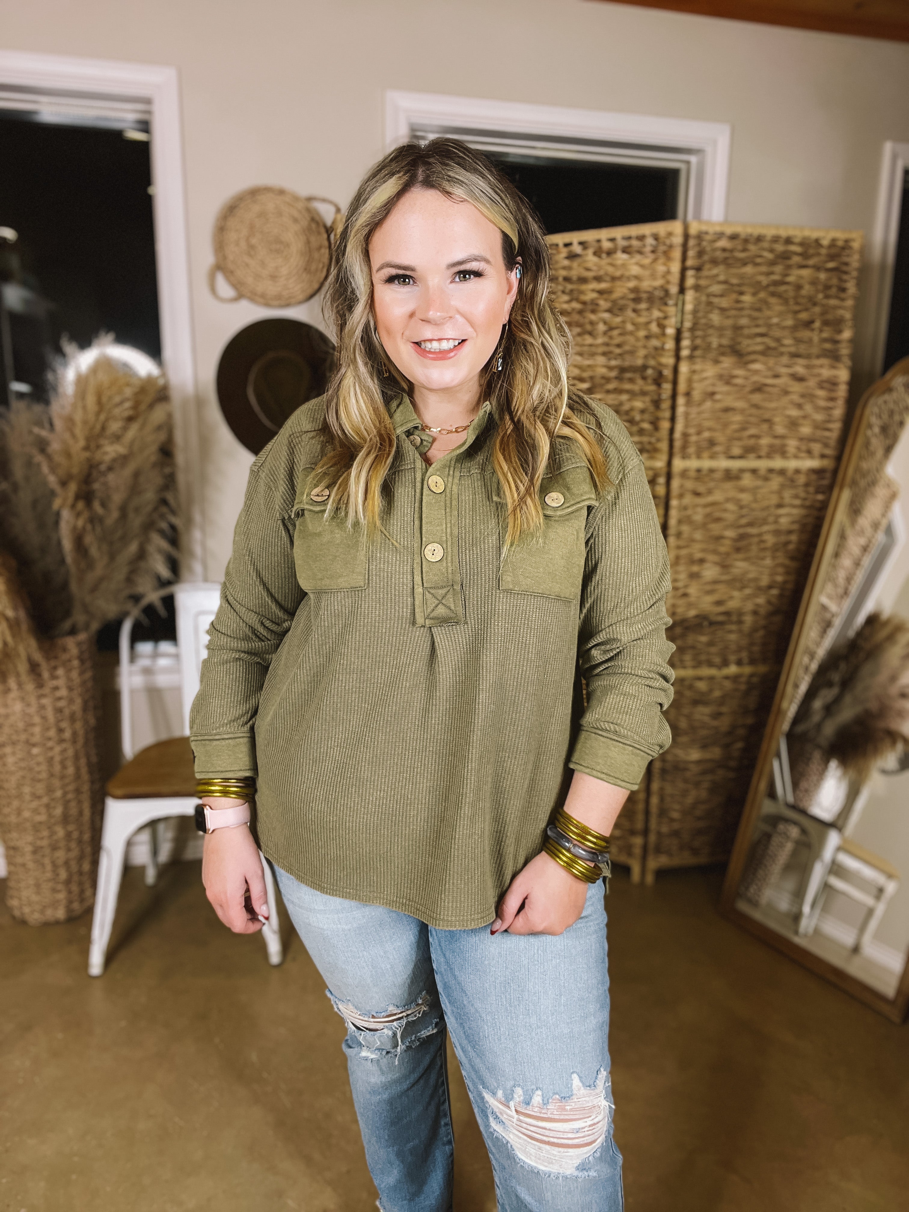 Cozy Welcome Waffle Knit Collared Top with Long Sleeves in Olive Green - Giddy Up Glamour Boutique