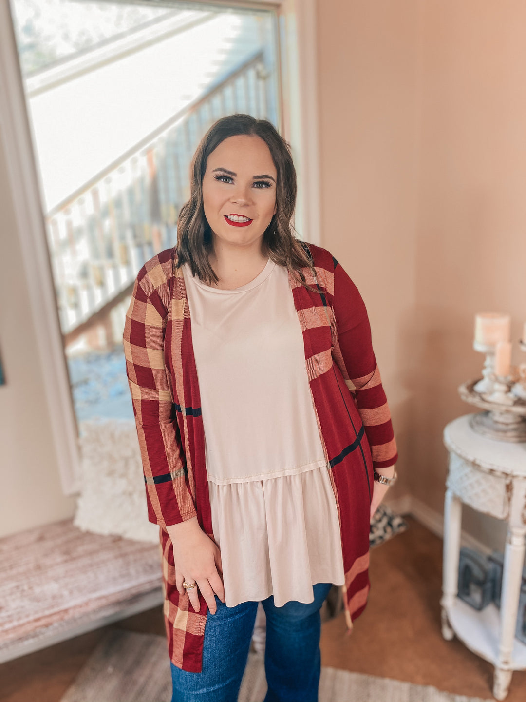 Online Exclusive | All Eyes On You Plaid Cardigan in Maroon - Giddy Up Glamour Boutique