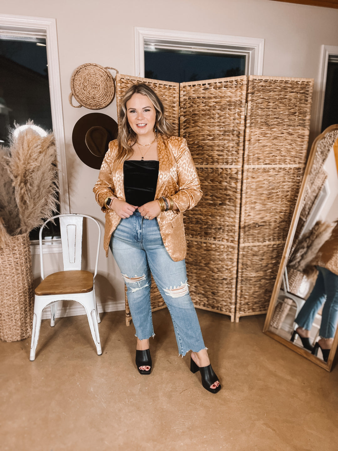 Lasting Impression Leopard Print Blazer with Ruched 3/4 Sleeves in Copper - Giddy Up Glamour Boutique