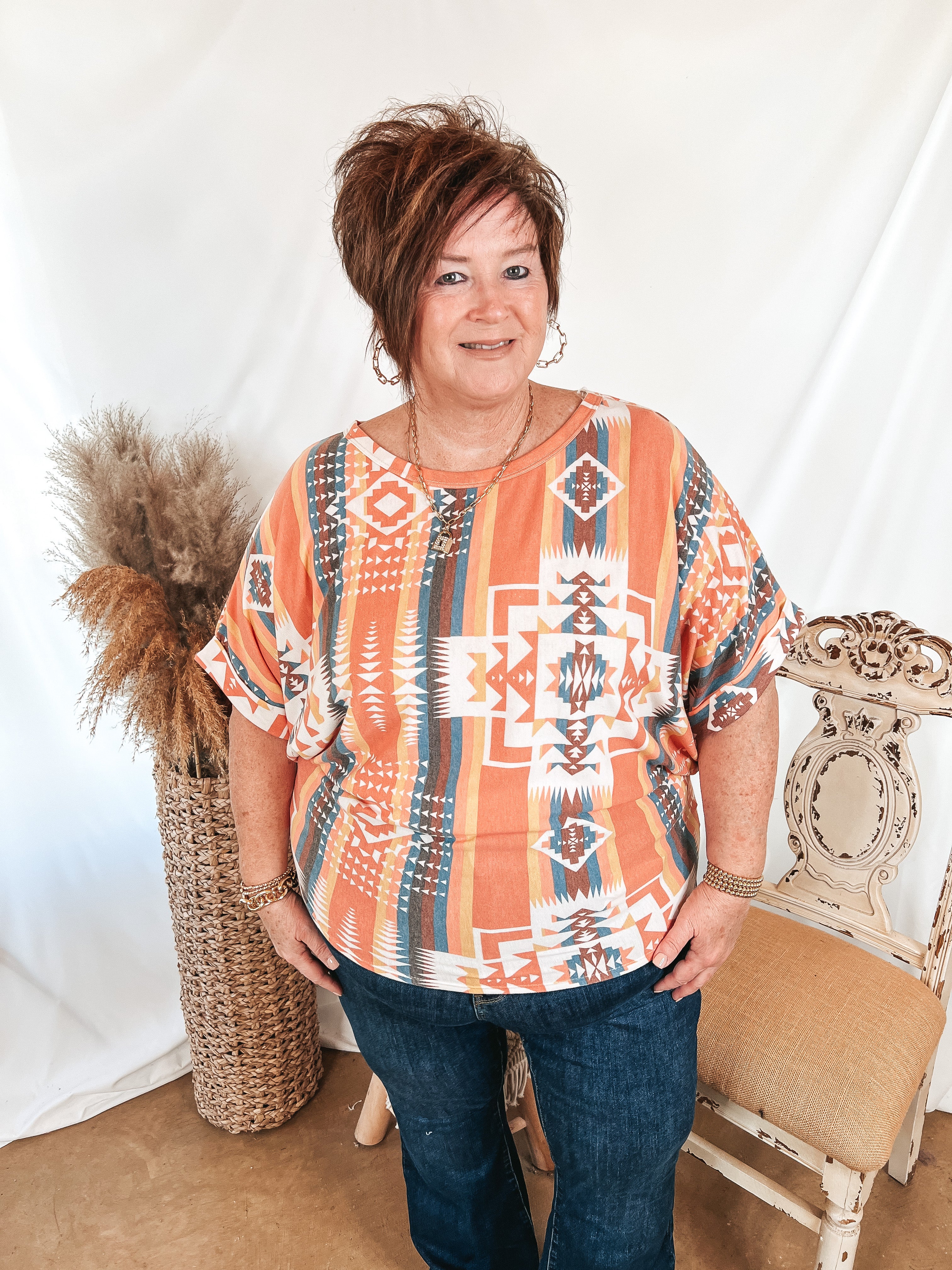 Western Weather Aztec Print Striped Short Sleeve Top in Coral Mix - Giddy Up Glamour Boutique