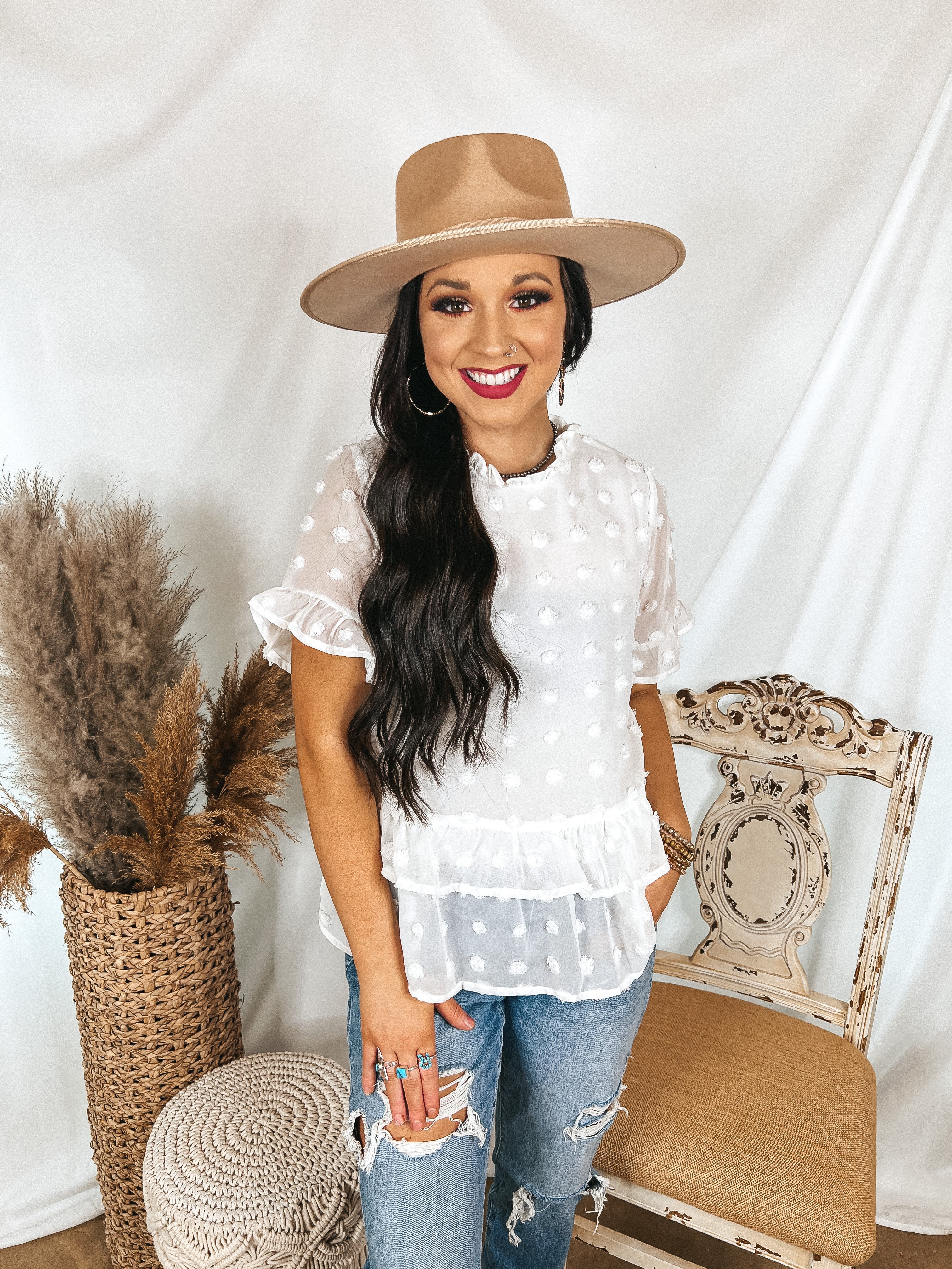 Last Chance Size Small | Garden Graceful Swiss Dot Ruffle Peplum Top in White | ONLY 1 LEFT! - Giddy Up Glamour Boutique