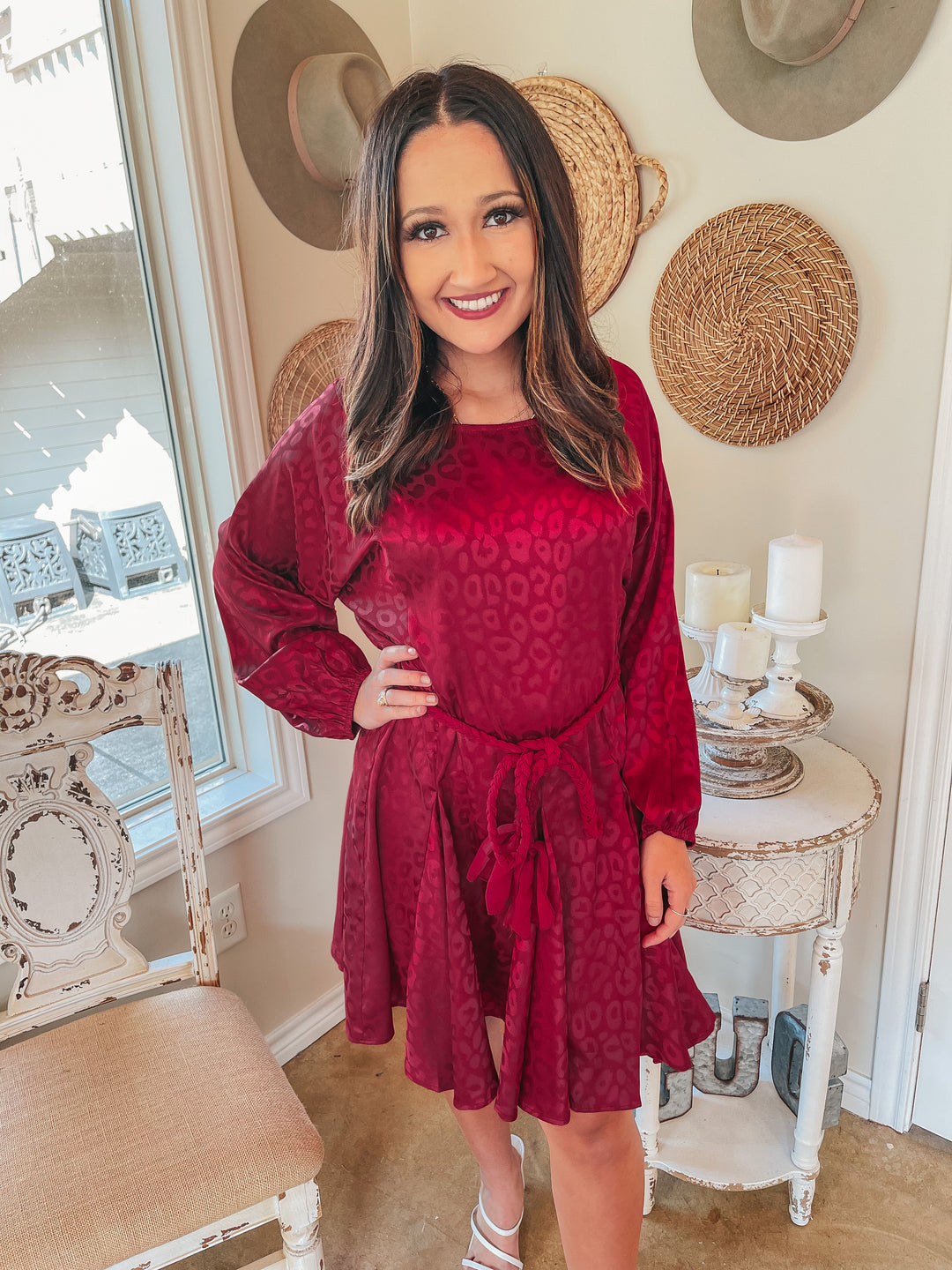 Dream Worthy Leopard Long Sleeve Satin Dress with Braided Belt in  Berry Red - Giddy Up Glamour Boutique