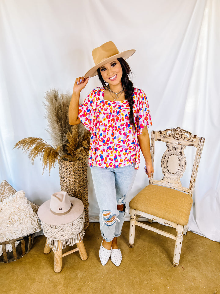 Last Chance Size Small | Quite The Knockout Multi Color Leopard Print Top with Square Neck in White - Giddy Up Glamour Boutique