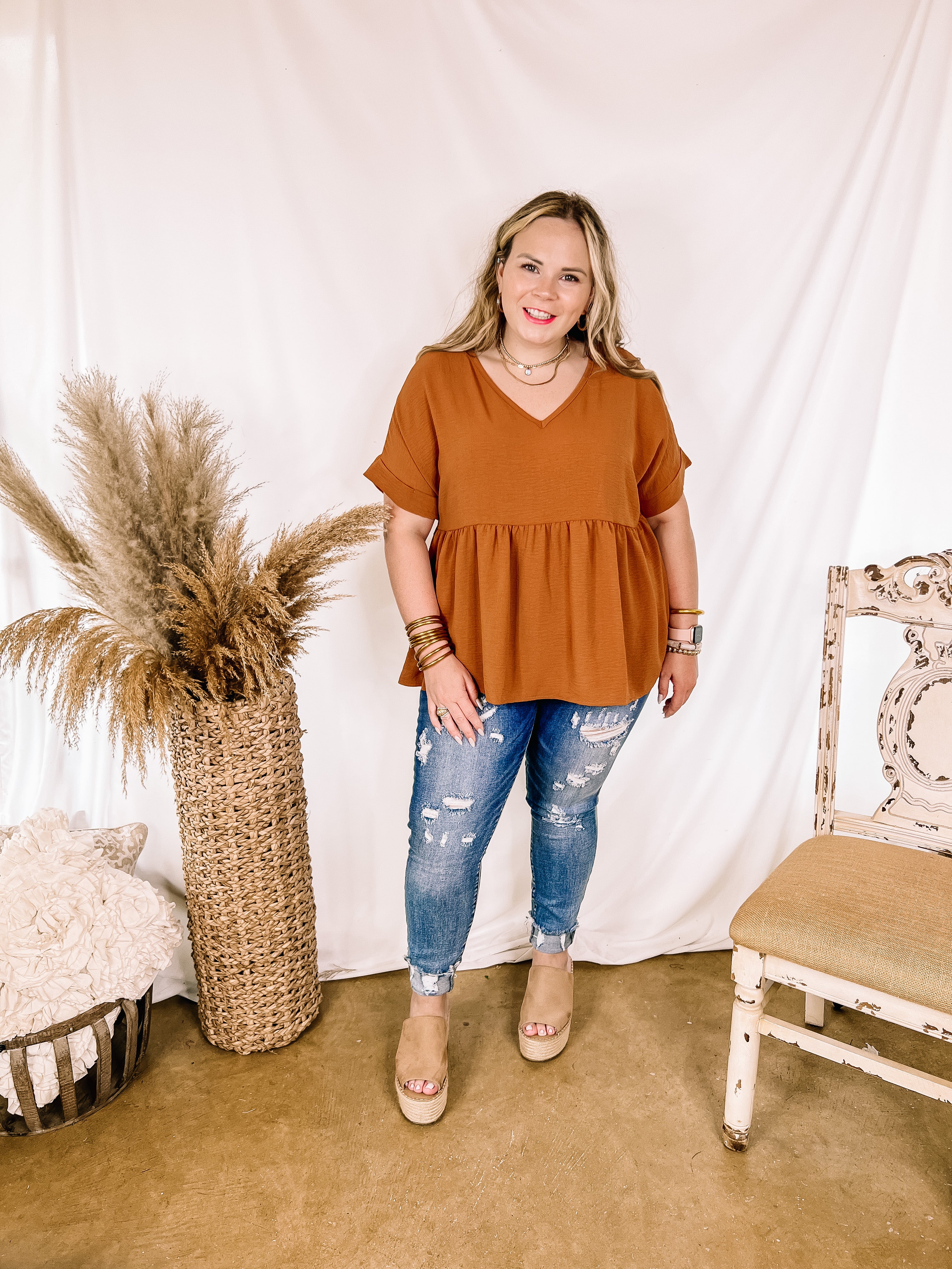 Touring the City Short Sleeve V Neck Babydoll Top in Rust Orange - Giddy Up Glamour Boutique