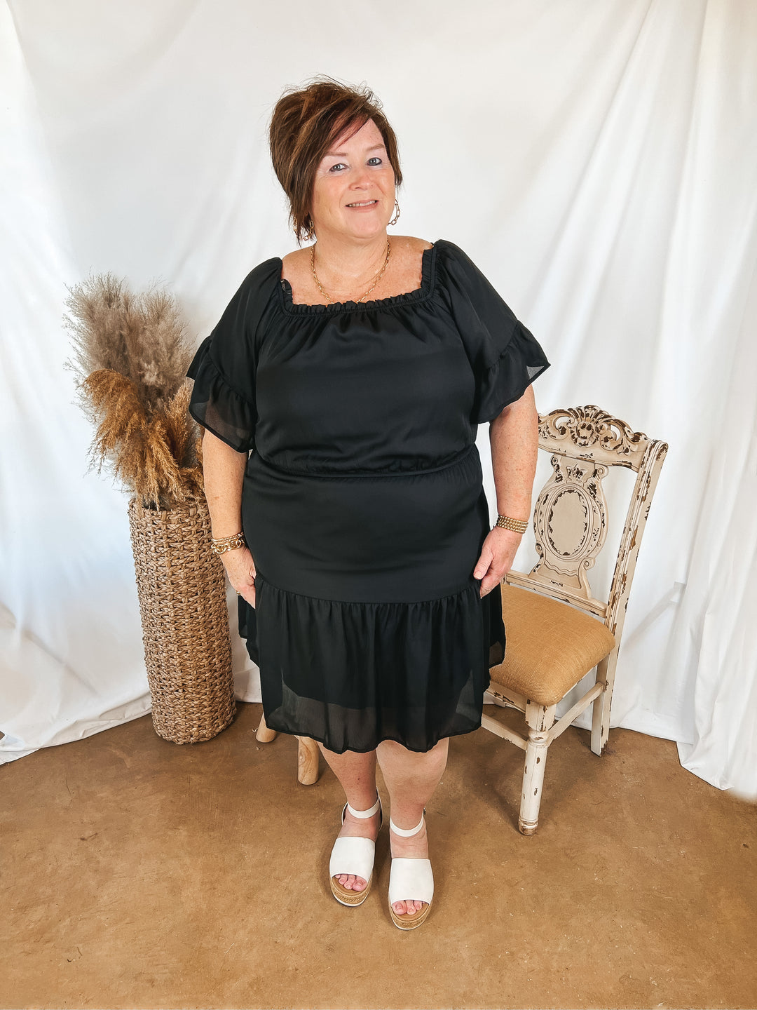 Visions of Romance Off the Shoulder Ruffle Tiered Dress in Black - Giddy Up Glamour Boutique