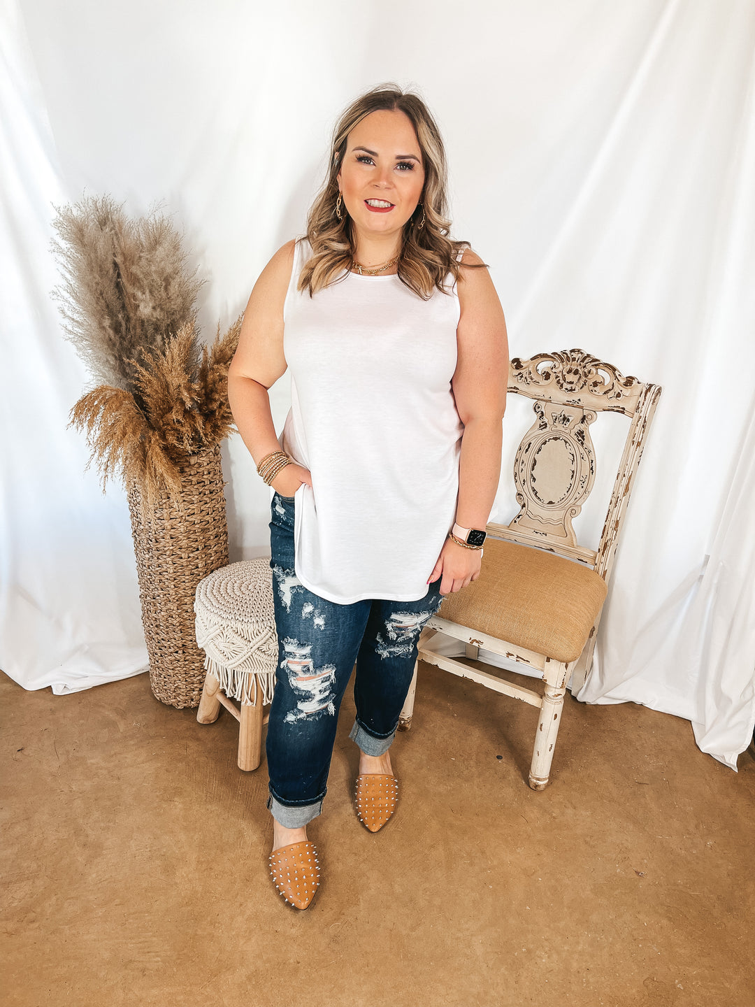 Give Me Joy Solid Knit A-Line Tank Top in White - Giddy Up Glamour Boutique