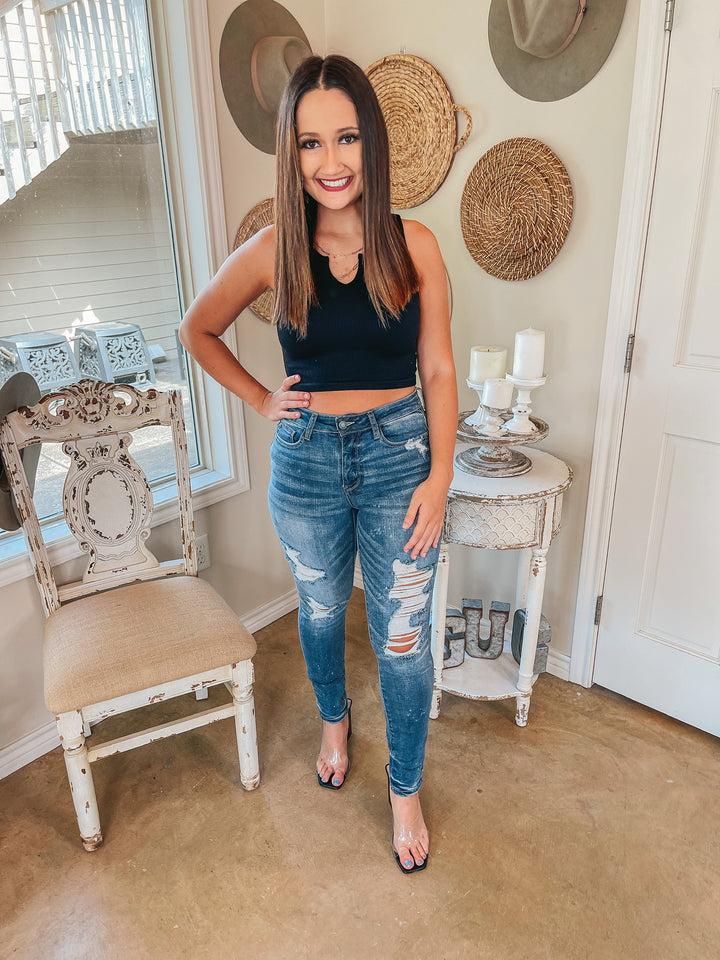 Dream Babe Notched Neckline Crop Tank Top in Black - Giddy Up Glamour Boutique