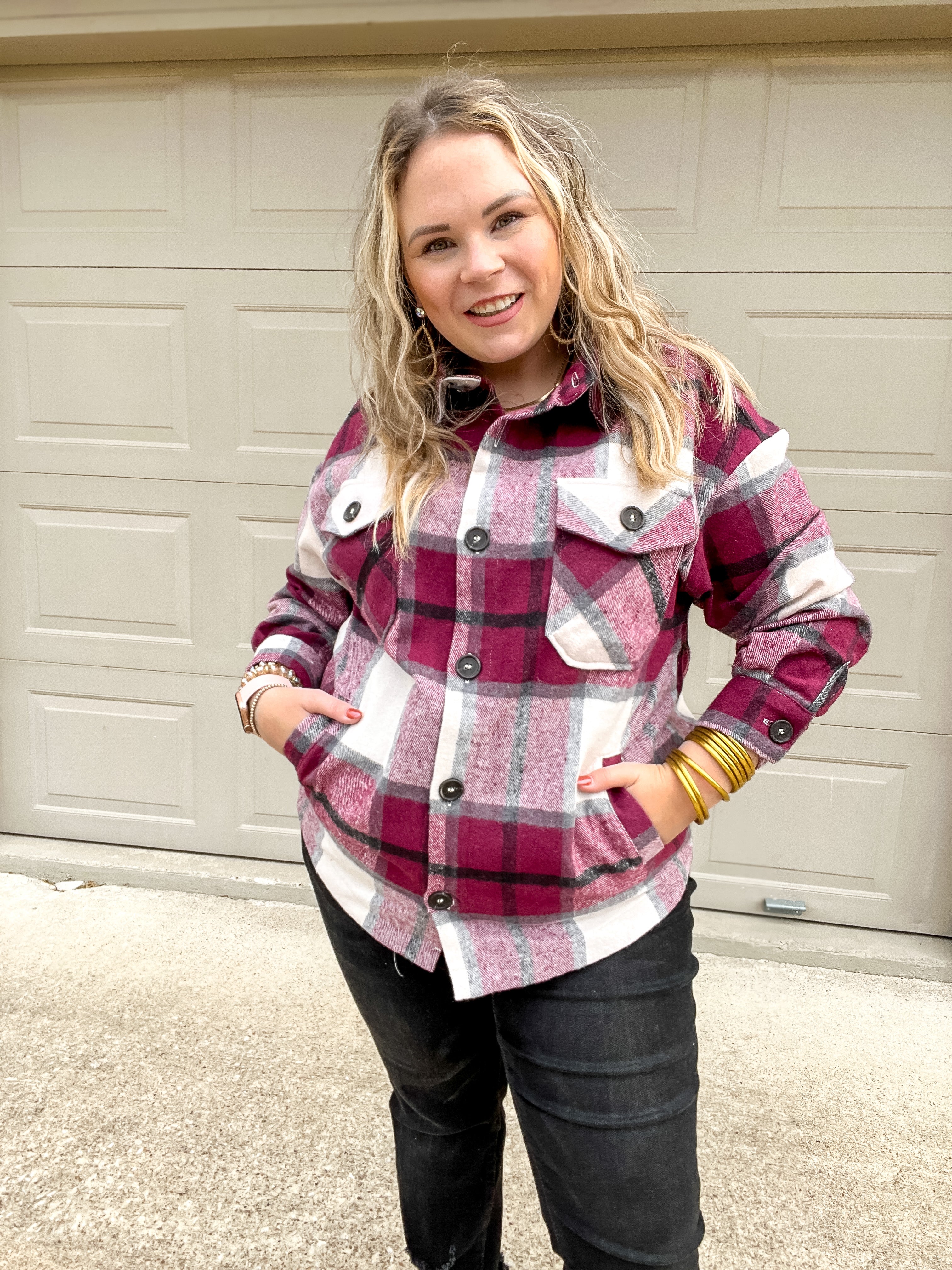 Autumn Air Plaid Button Up Shacket in Plum - Giddy Up Glamour Boutique