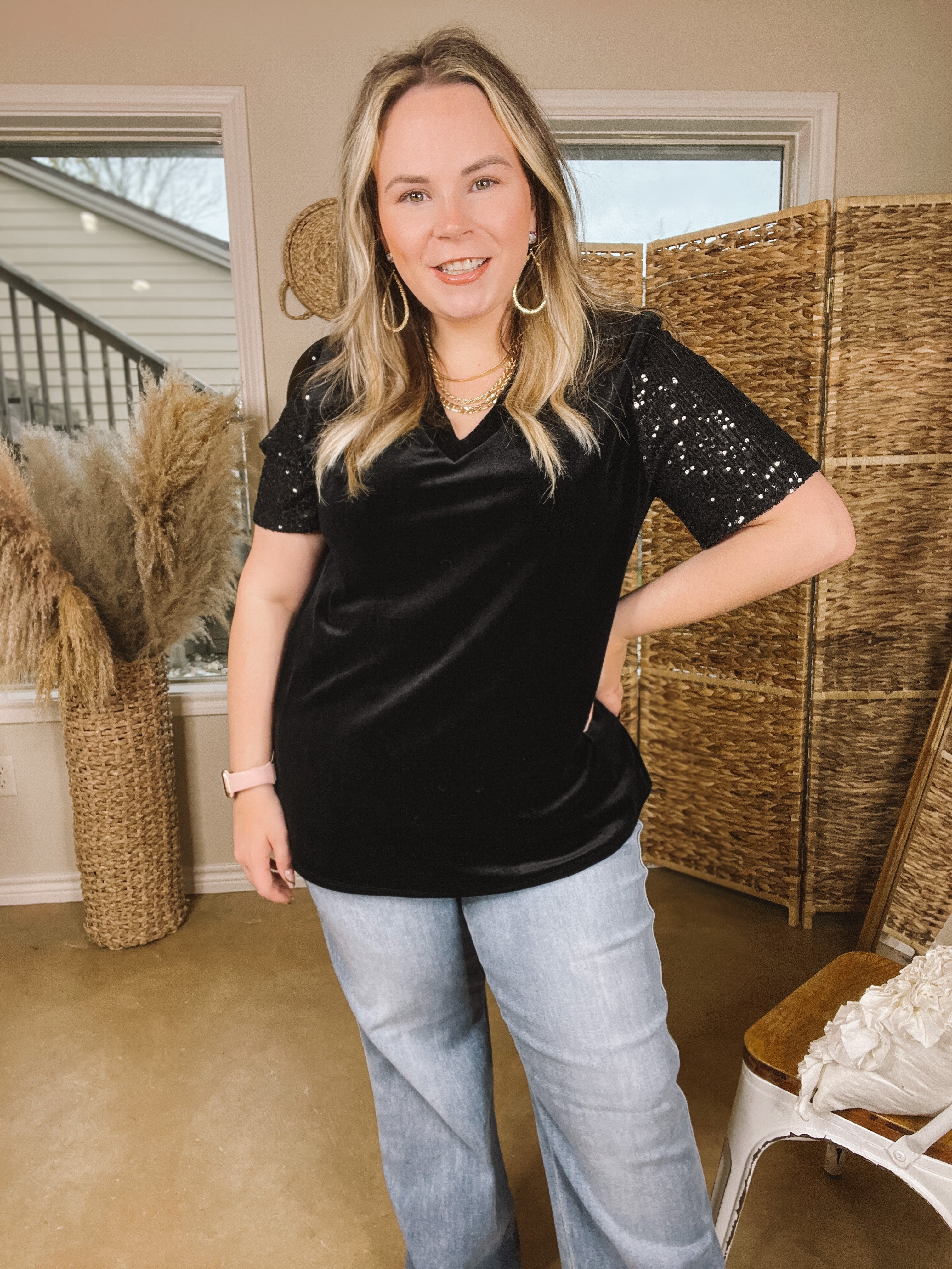 Chasing The Spotlight Velvet V Neck Top with Short Sequin Sleeves in Black - Giddy Up Glamour Boutique