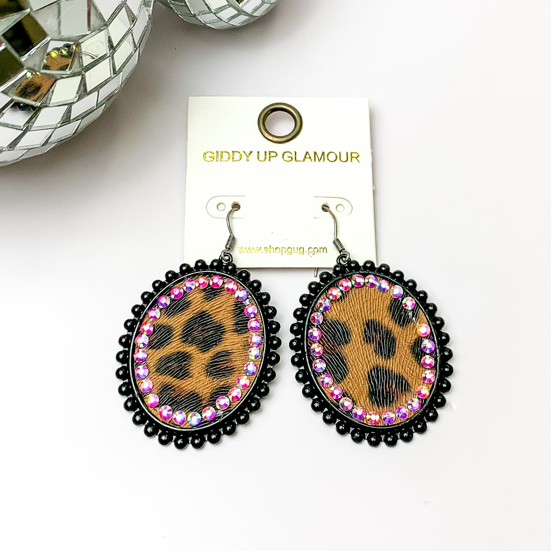 Black Oval Earrings with Leopard Print Inlay and Black Crystal Outline - Giddy Up Glamour Boutique