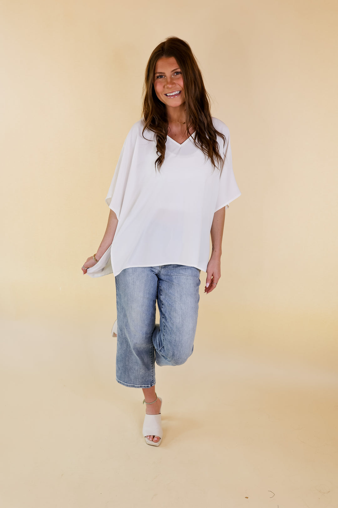 Majestic Moment V Neck Poncho Top in Ivory - Giddy Up Glamour Boutique