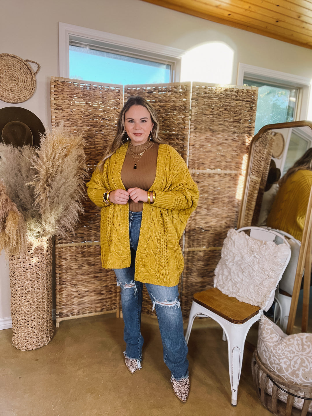 Caramel Spice Kisses Long Sleeve Dolman Cardigan in Mustard Yellow - Giddy Up Glamour Boutique