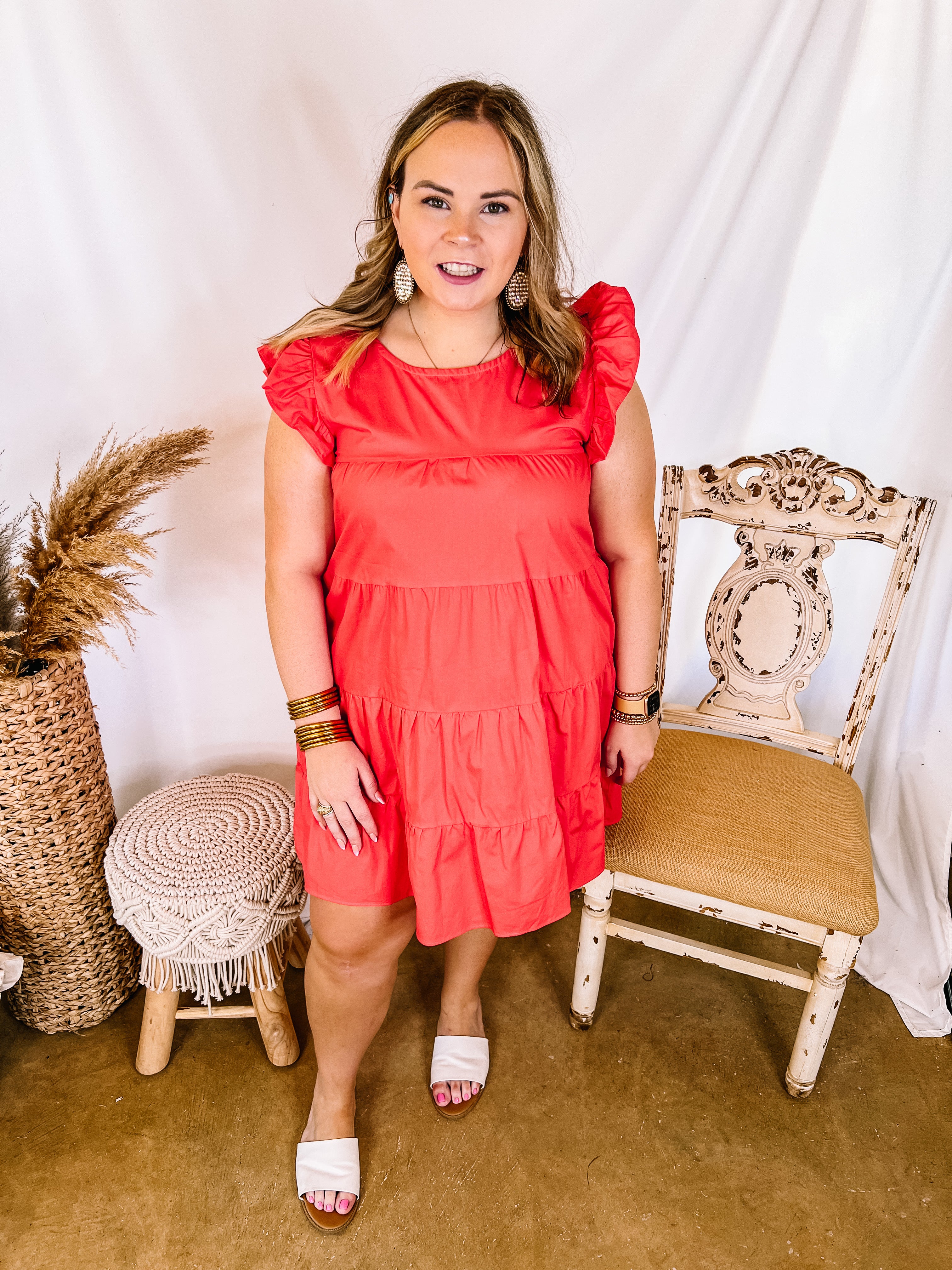 Choose Confidence Ruffle Cap Sleeve Tiered Dress in Coral Red - Giddy Up Glamour Boutique